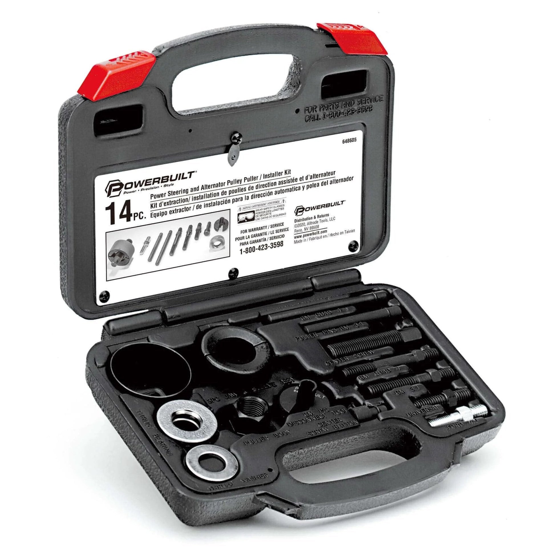 Open storage case with Power Steering and Alternator Pulley Remove and Install Tool Set, Replace Vehicle Steering Pump, Car Repair Tools, 648605.