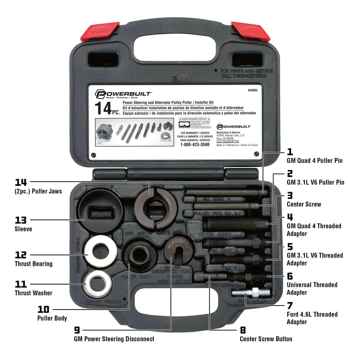 Power Steering and Alternator Pulley Remove and Install Tool Set with labeled parts in storage case - 648605