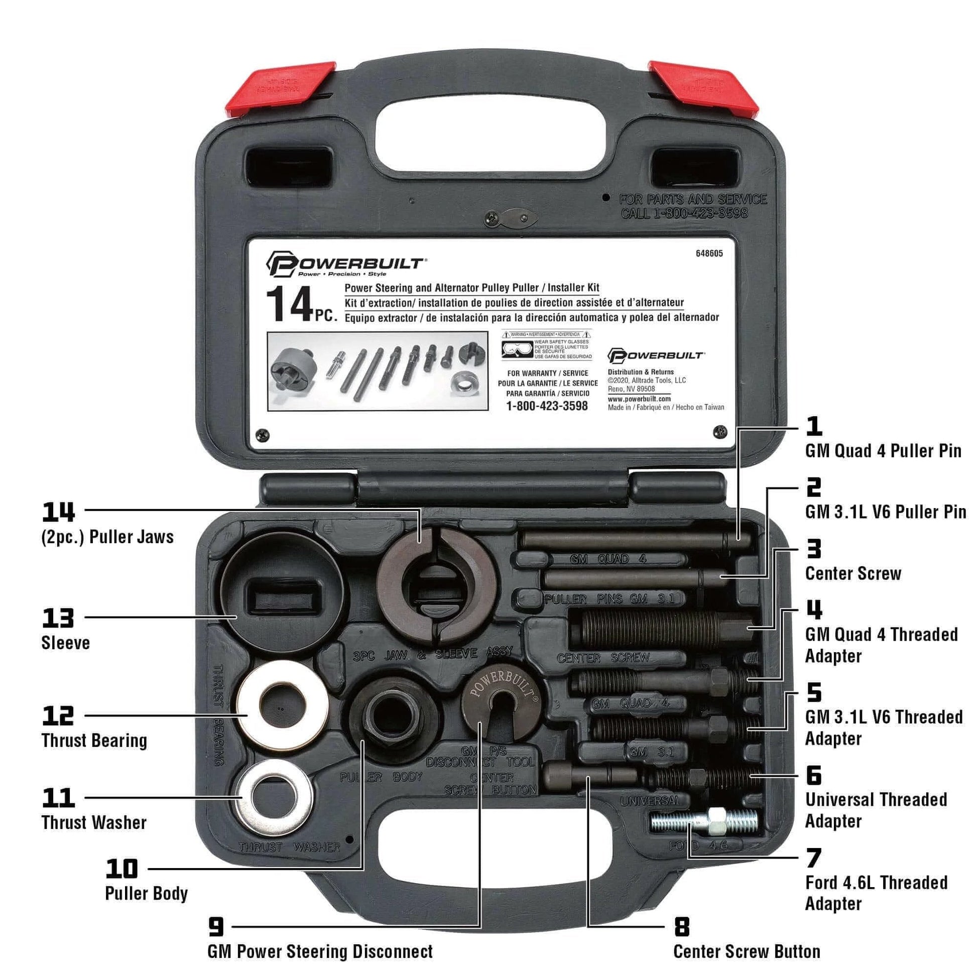 Power Steering and Alternator Pulley Remove and Install Tool Set with labeled parts in storage case - 648605