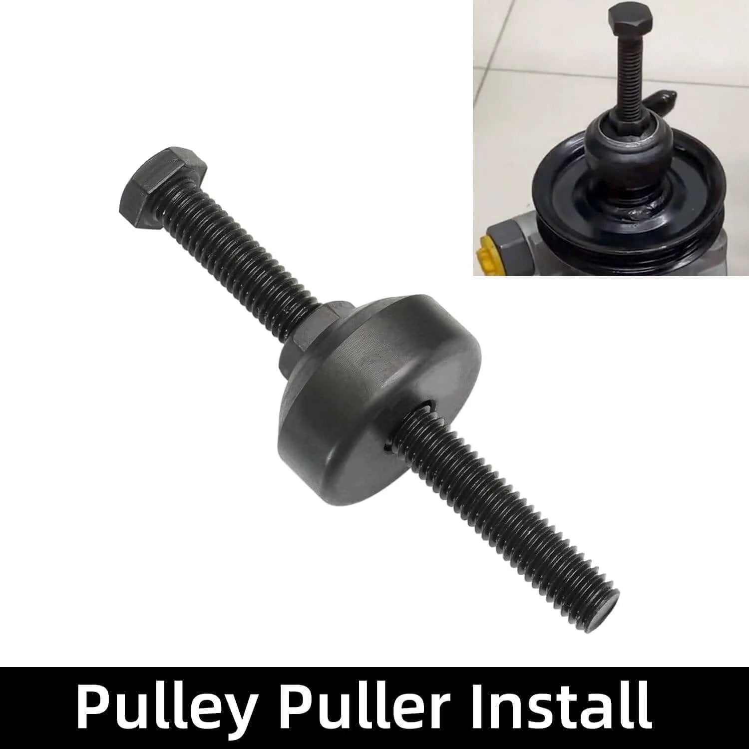 Power Steering Pump Pulley Puller Remove Install Tool Compatible with Ford GM Volkswagen Chrysler Vehicles shown in black steel.
