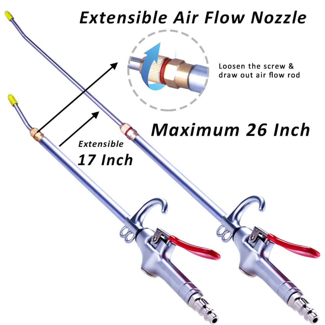 High Volume Powerful Industrial Air Blow Gun, 17-26 Inch Extensible Stainless Steel Air Flow Nozzle, Pneumatic Air Compressor Accessories Tool, Extended Dust Air Blower Gun with 360 Degree Swivel Hook showing adjustable nozzle.