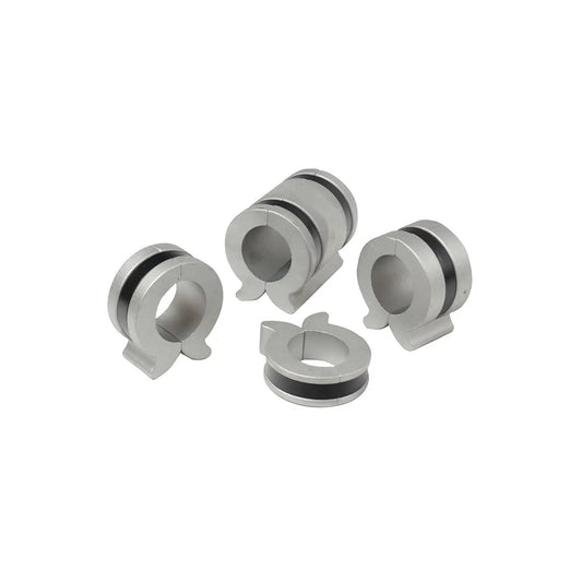 PowerMAX Stroke Control Kit 2 for Hydraulic Cylinder Stroke Length Conversion With Thumb Tabs Provides Precise Easy Adjustments And Go To Quick Stroke Stops Fits 1.75 To 2 Inch Shaft Sizes Delavan, showing four metal components with thumb tabs designed for shaft sizes 1.75 to 2 inches.