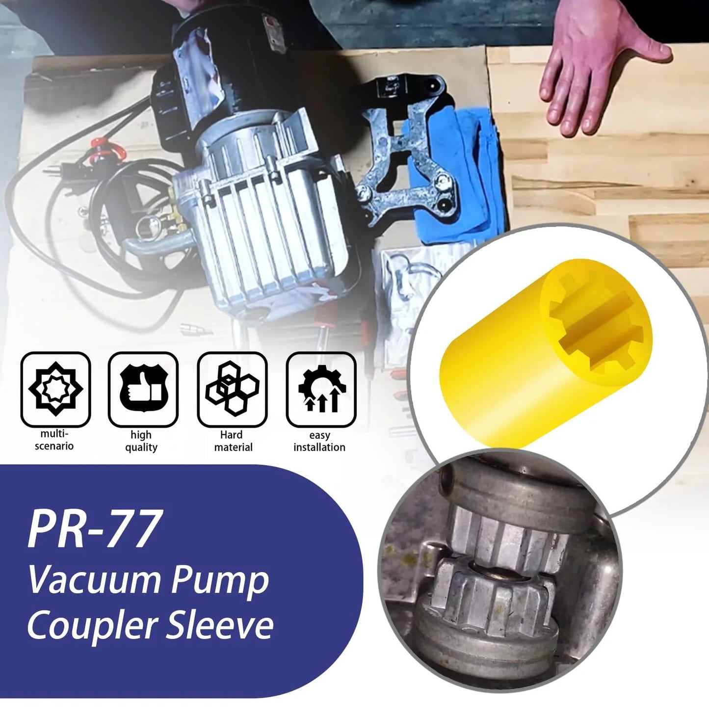 Vacuum Pump Coupler Sleeve Replacement For PR 77 Fits PR 6 And DV Series Vacuum Pumps Pro Grade Gear Yellow Color close-up view.