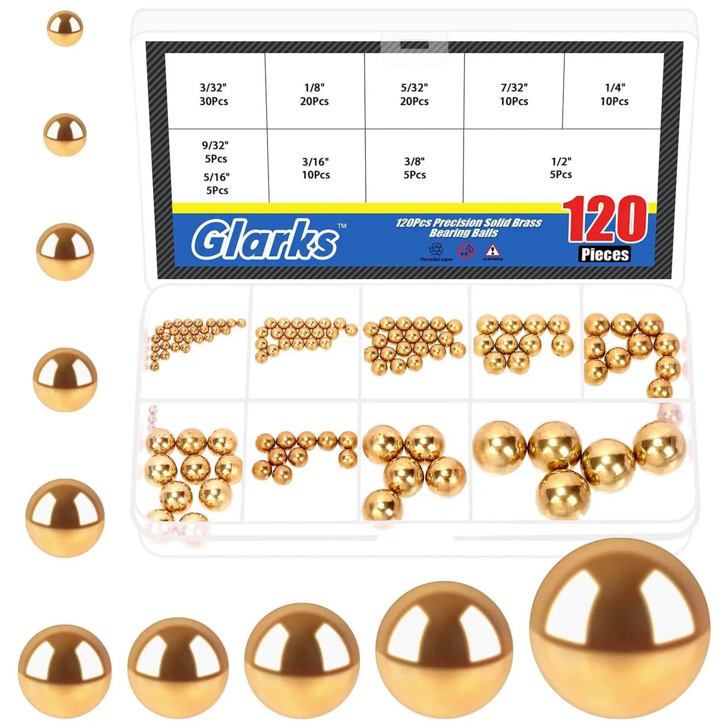 Precision Brass Bearing Balls Set 120-Piece Assortment 3/32 To 1/2 Inch Sizes For Machinery Automotive Valves Yellow Brass Balls With Storage Box Glarks