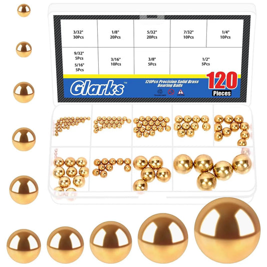 Precision Brass Bearing Balls Set 120-Piece Assortment 3/32 To 1/2 Inch Sizes For Machinery Automotive Valves Yellow Brass Balls With Storage Box Glarks