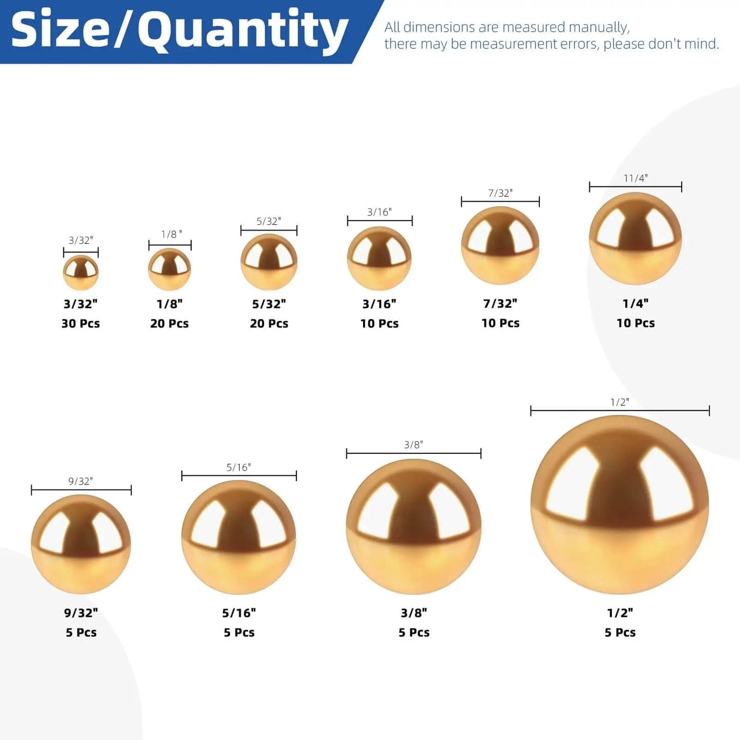 Size chart of Precision Brass Bearing Balls Set 120-Piece Assortment 3/32 to 1/2 inch Sizes for Machinery Automotive Valves Yellow Brass Balls