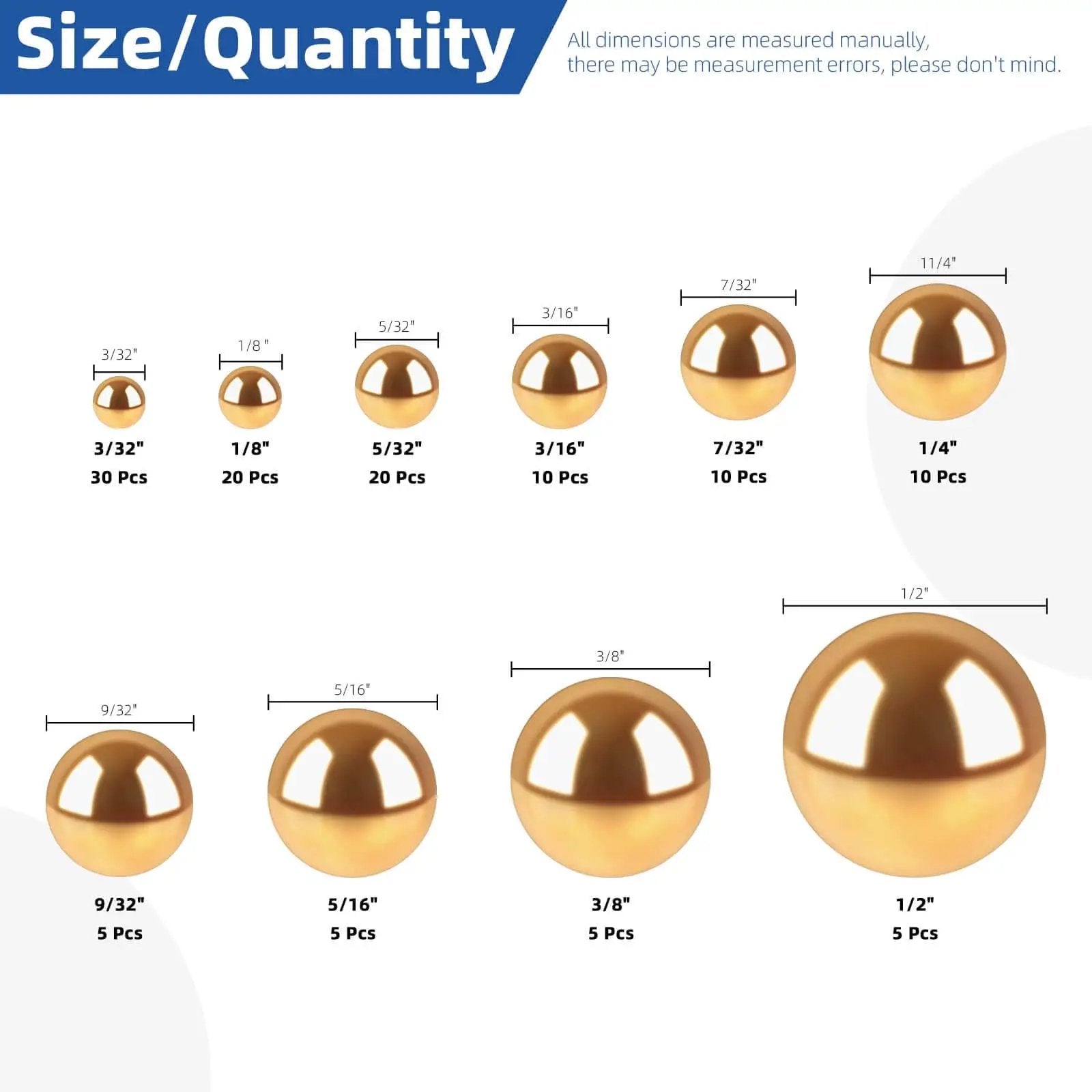 Size chart of Precision Brass Bearing Balls Set 120-Piece Assortment 3/32 to 1/2 inch Sizes for Machinery Automotive Valves Yellow Brass Balls