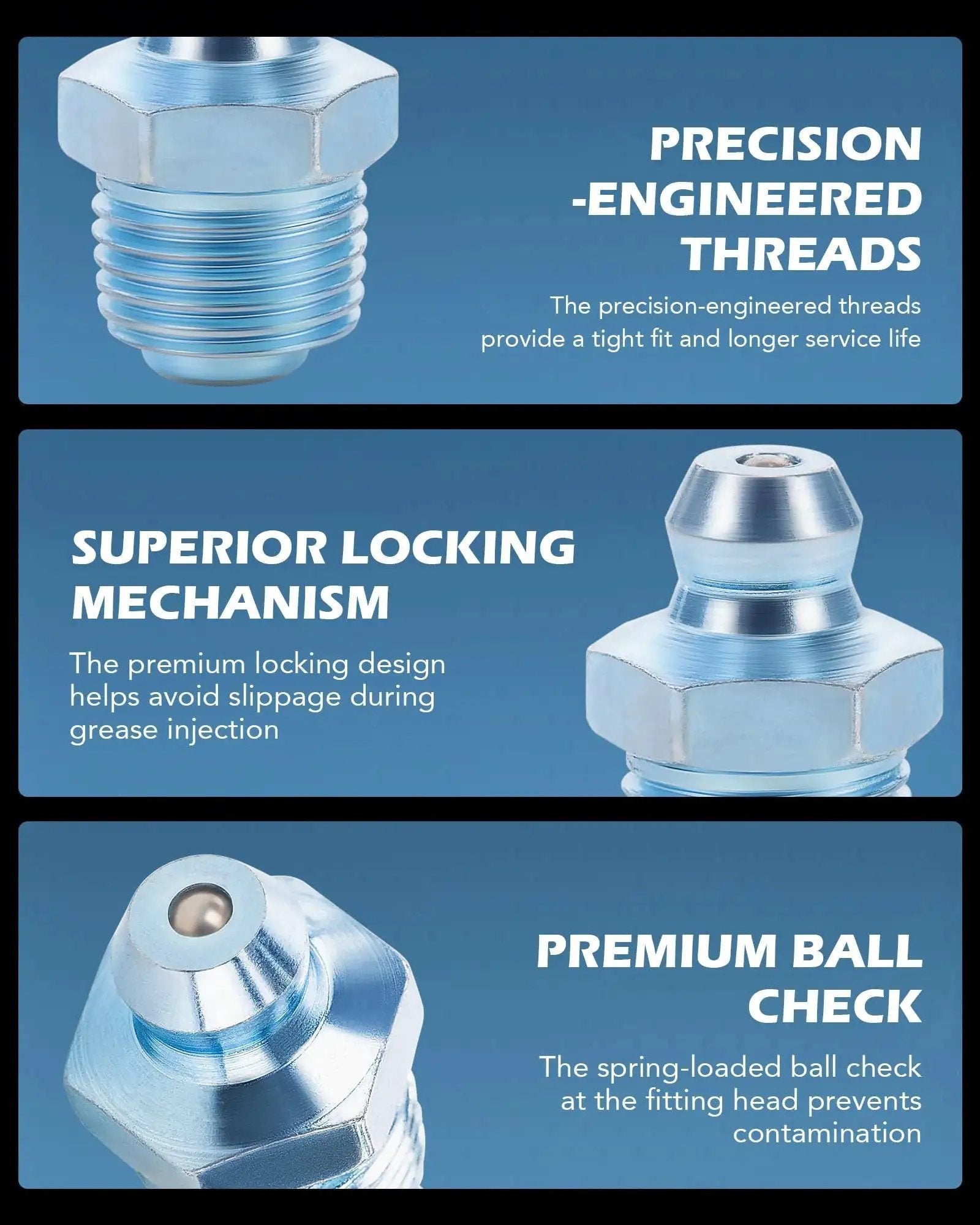 All In One 150 Piece Metric Grease Fittings Kit With M6 M10 Straight And 45 Degree And 90 Degree Angled Hydraulic Zerk Assortment In Galvanized Steel For Replacing Missing Or Broken Nipples In Automotive And Industrial Use ZELCAN precision engineered threads and locking mechanism