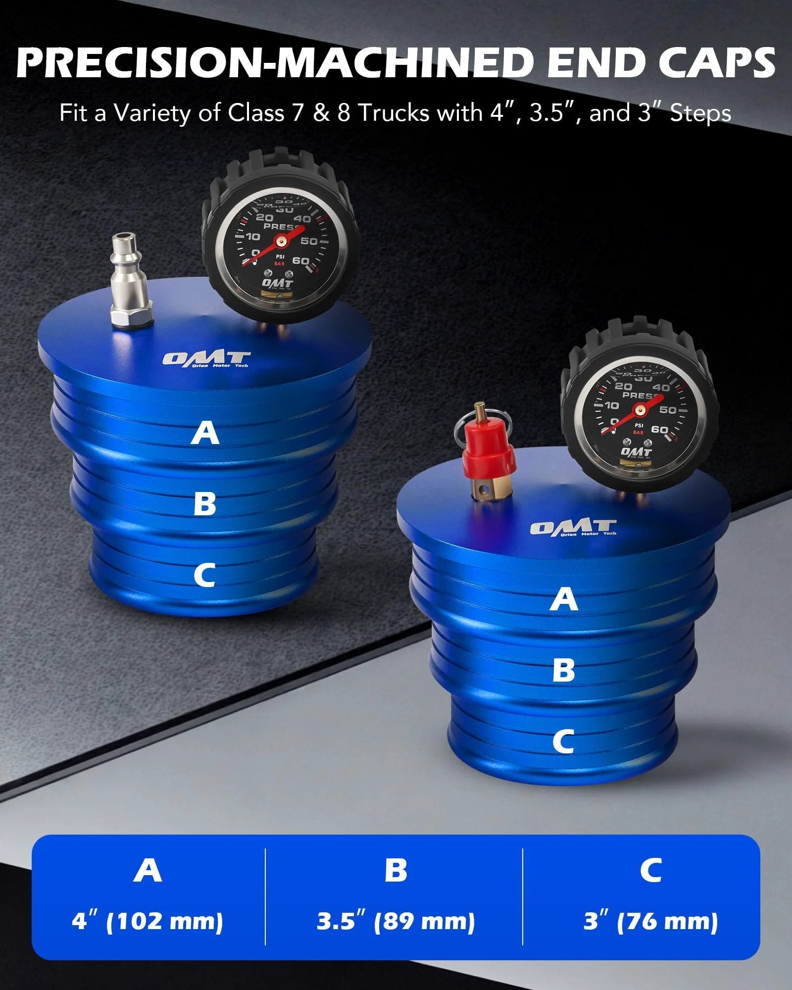 Charge Air Cooler CAC Leak Tester Kit With Billet End Caps in 4 In, 3.5 In, and 3 In Sizes showing precision-machined aluminum end caps.