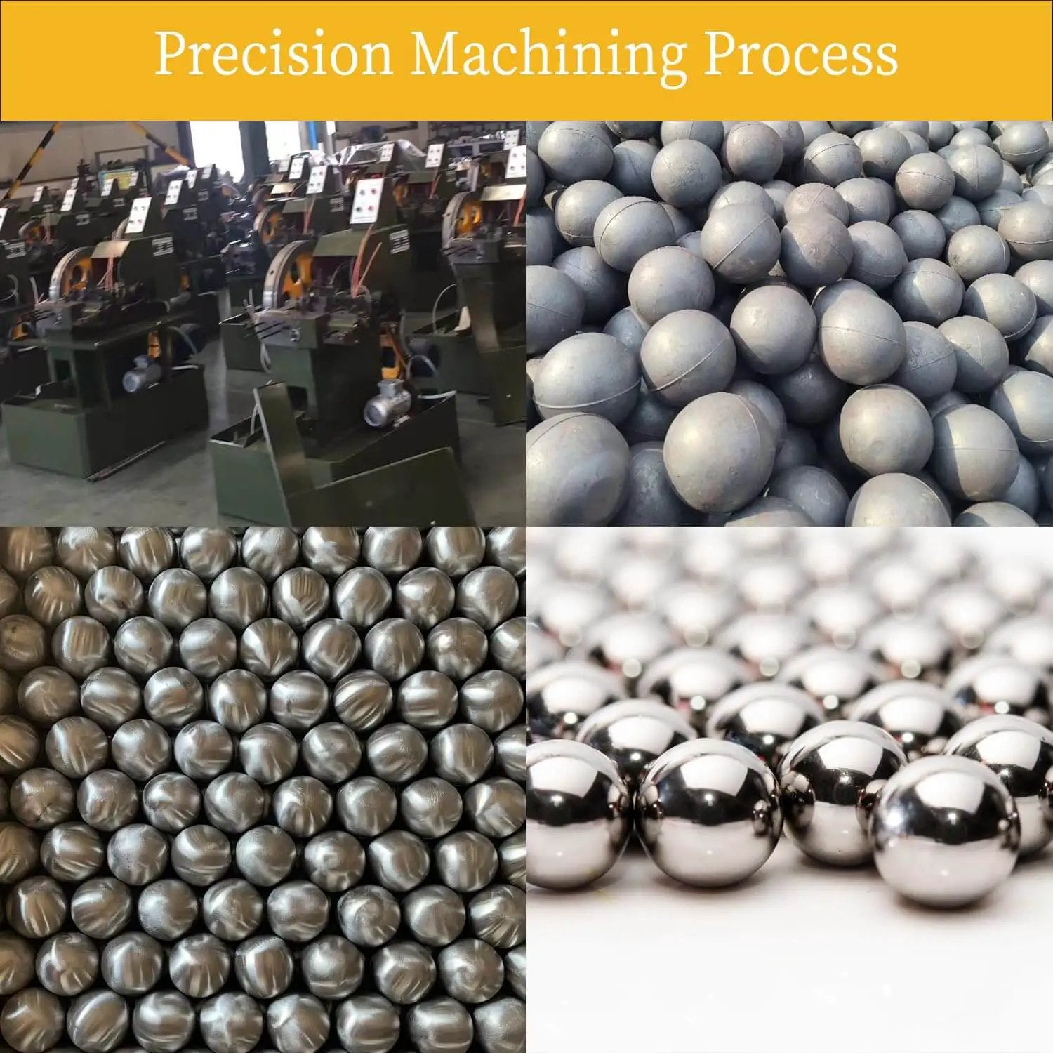 Precision machining process of two 2 inch diameter hardened chrome steel bearing balls, AISI 52100, mirror polished finish.