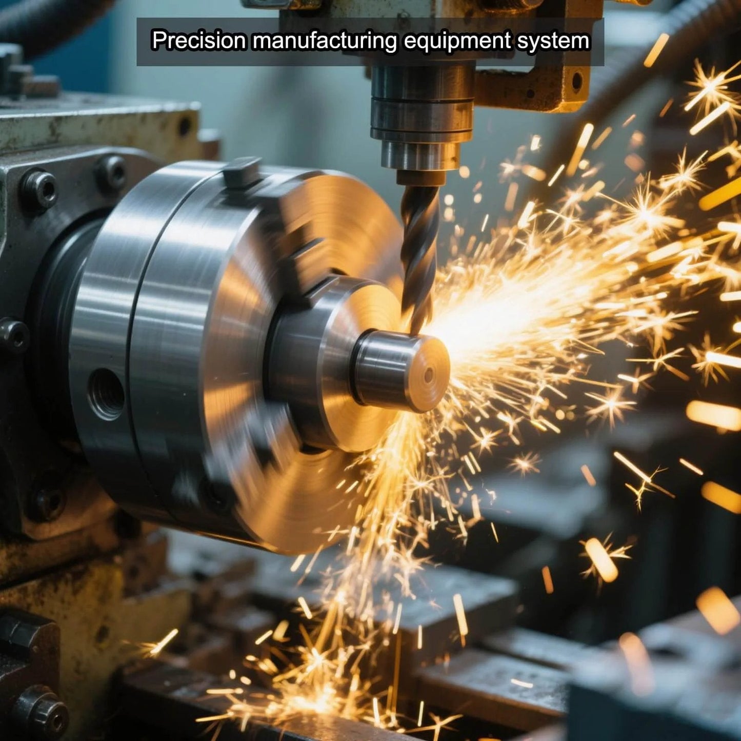Close-up of a precision manufacturing equipment system with sparks flying from a metal drill in operation.