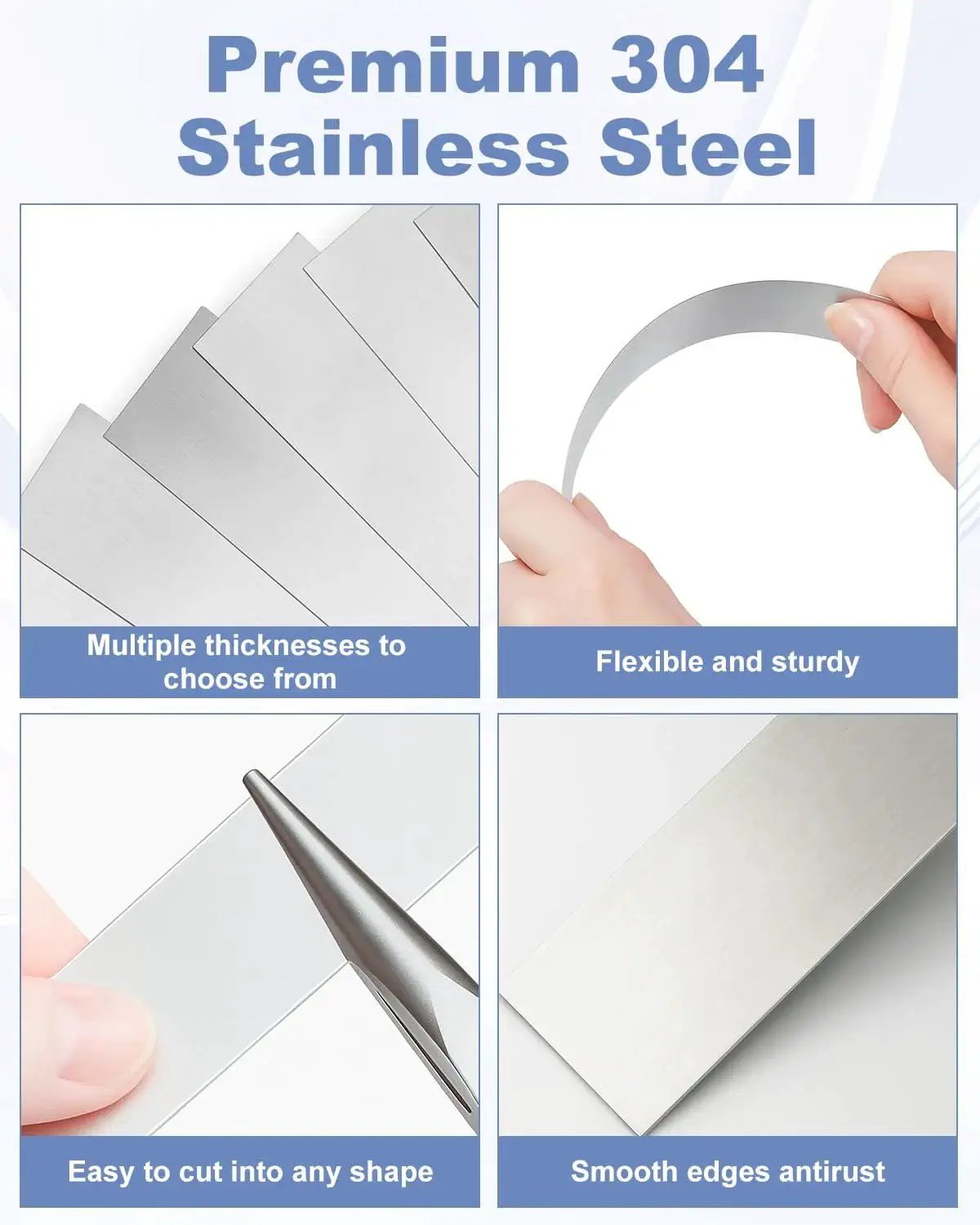 Pro Grade 30 Piece Shim Stock Set In 304 Stainless Steel showing flexible shims, easy cutting feature, and smooth edges