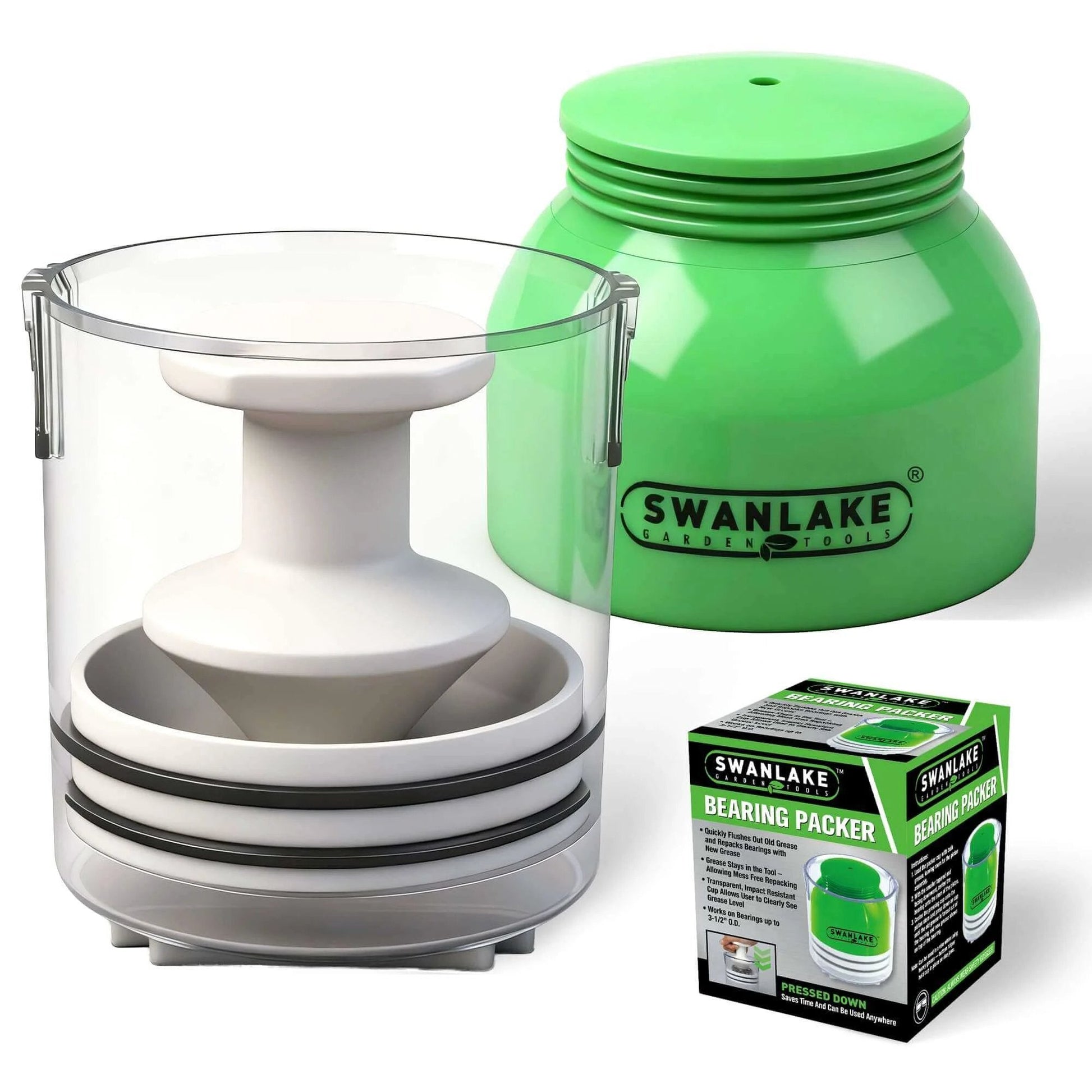 Premium Bearing Packer Kit with green lid and clear casing, including box packaging.