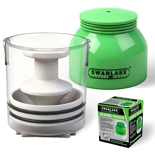 Premium Bearing Packer Kit with green lid and clear casing, including box packaging.