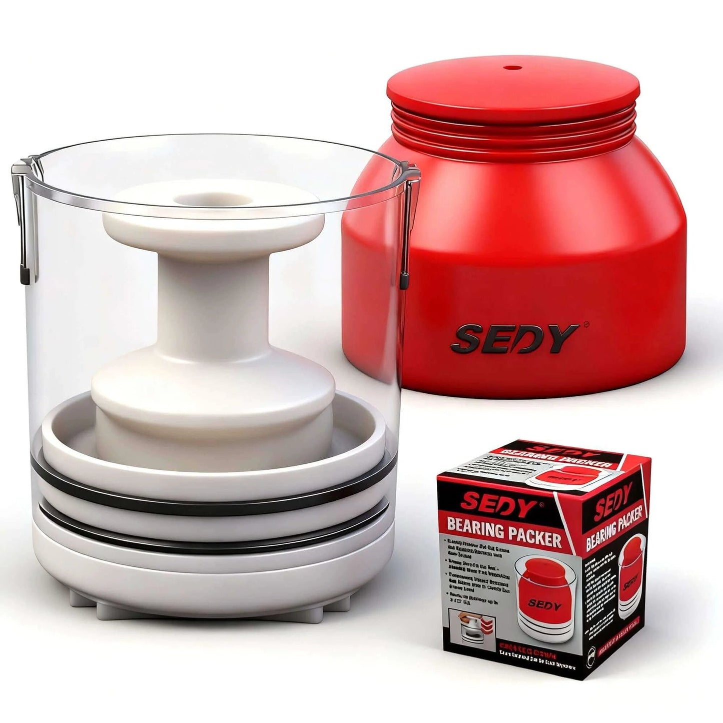 Premium Bearing Packer Kit with transparent and red container, includes Handy Wheel Bearing Packer Tool Portable Grease Packer