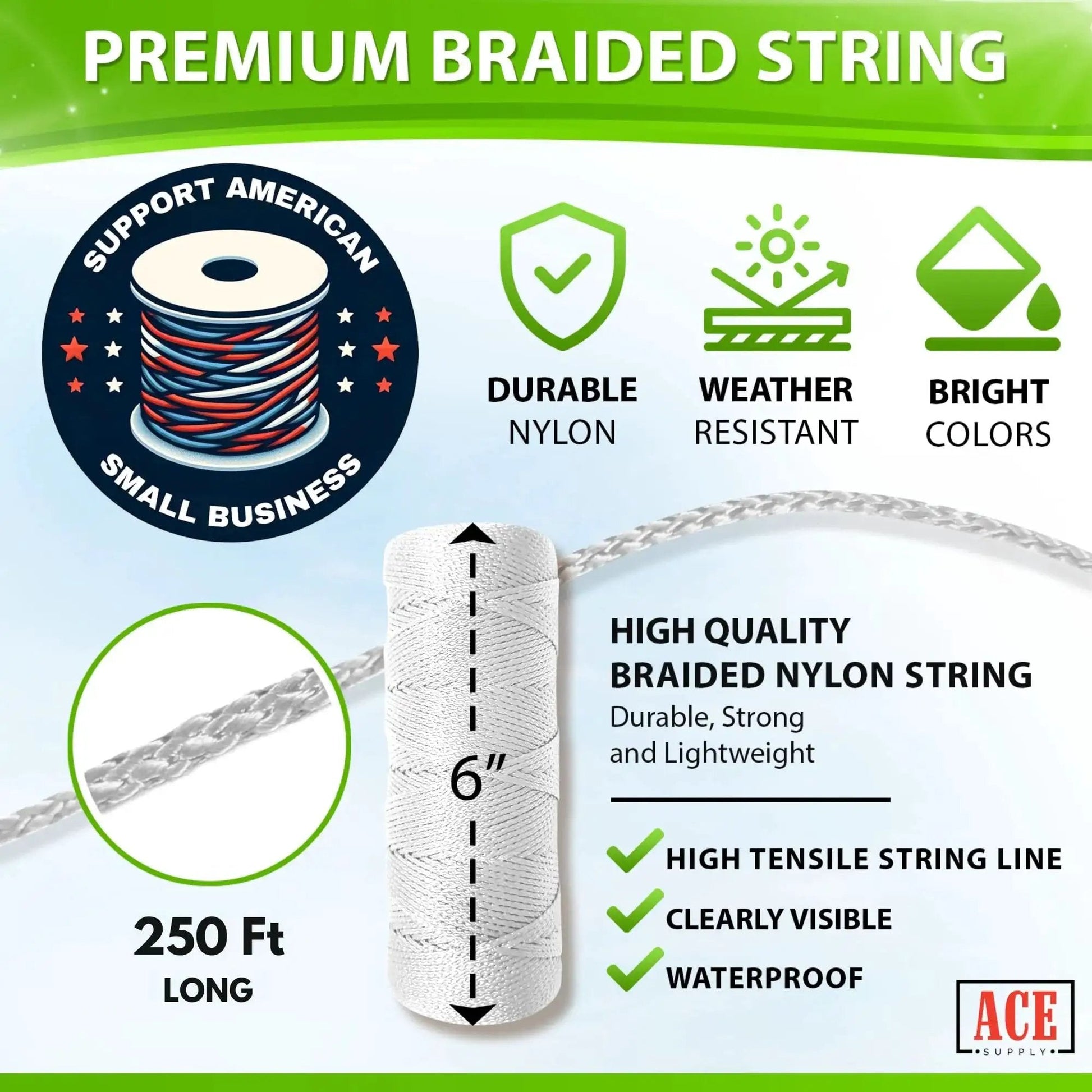 Braided Nylon Twine For Gardening And Plant Support, Heavy Duty Size 18 String, 250 Ft Length, White Durable Twine, infographic