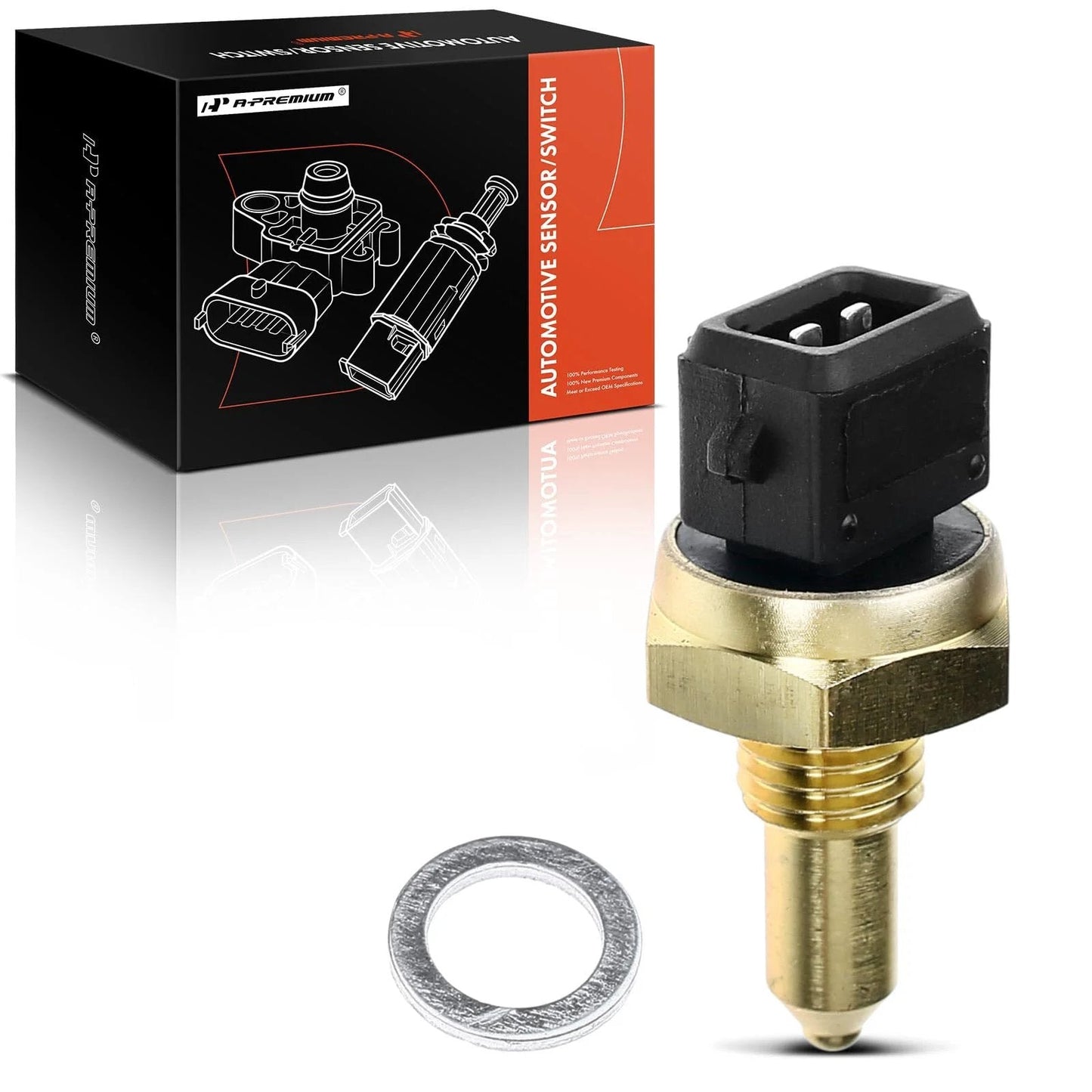 Premium Coolant Temperature Sensor Fits BMW 128i Through 760Li And Land Rover Models For Smooth Engine Readings And Quick Plug And Play Install A Premium OE Grade Replacement By A Premium, showing the sensor and packaging.