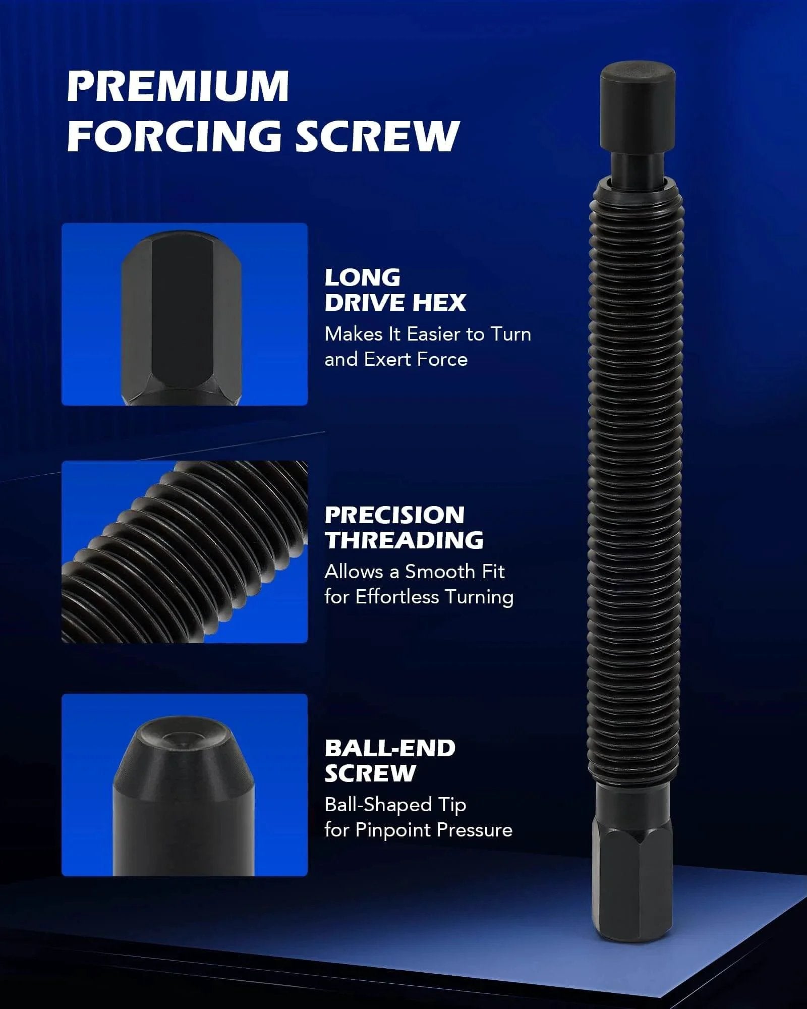 Close-up of forcing screw from Wheel Hub Removal Tool Kit with long drive hex, precision threading, and ball-end screw features.