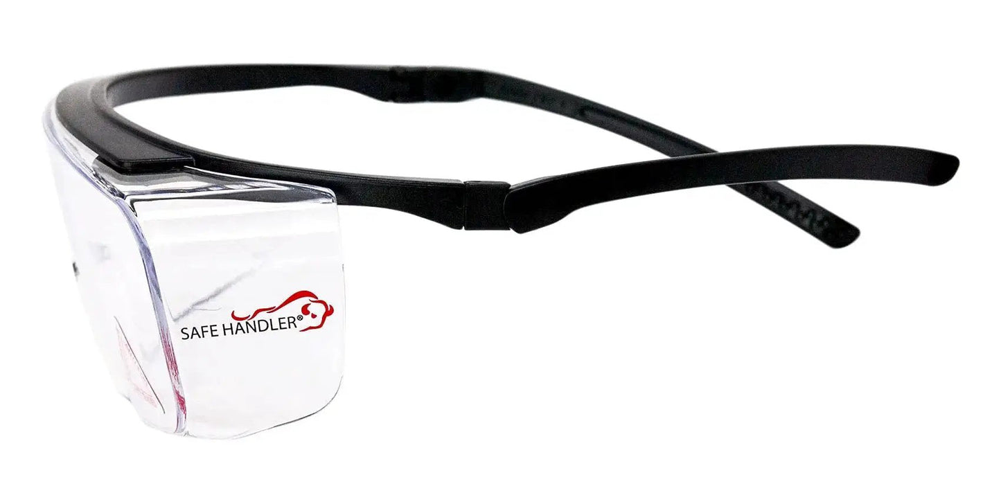 Duarte Premium Over Glasses Safety Eyewear With Anti Fog Lenses ANSI Z87.1 side view showing black frames and clear lenses