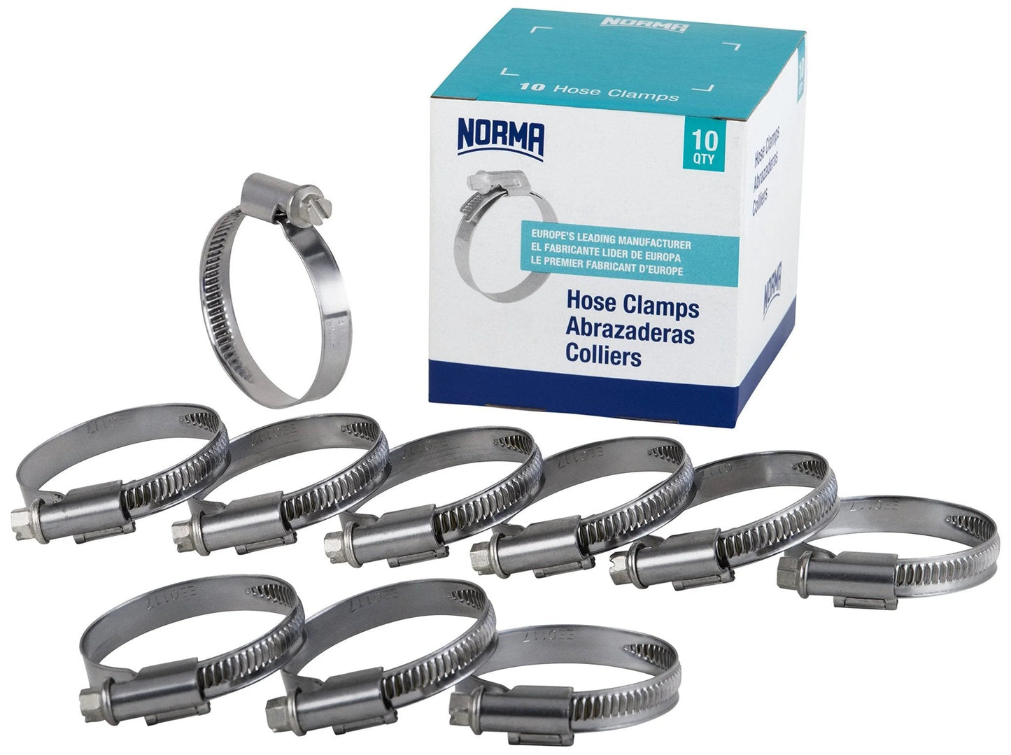 Premium Stainless Steel Hose Clamp For Heavy Duty Loads Norma, Non Perforated Worm Drive Clamp, 60 To 80 Mm Diameter Range, 9 Mm Wide, W4 Style, Pack Of 10, 304 Stainless Steel Construction With Asymmetric Housing. Box and clamps arranged.