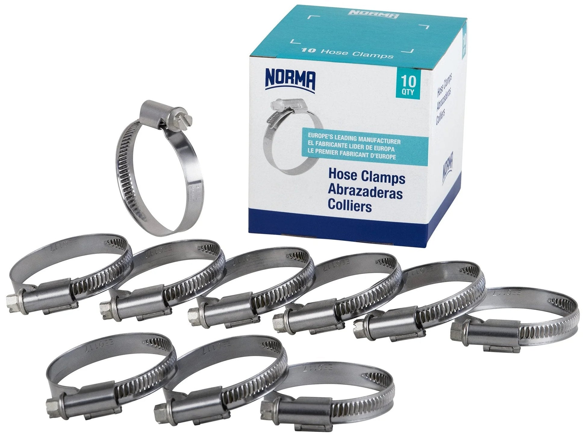 Premium Stainless Steel Hose Clamp For Heavy Duty Loads Norma, Non Perforated Worm Drive Clamp, 60 To 80 Mm Diameter Range, 9 Mm Wide, W4 Style, Pack Of 10, 304 Stainless Steel Construction With Asymmetric Housing. Box and clamps arranged.