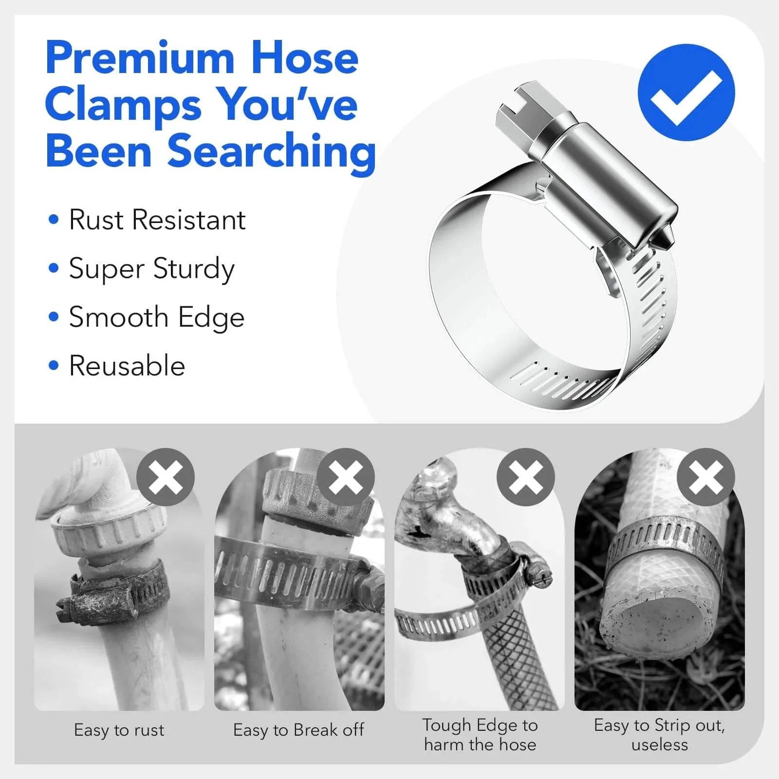 46 Piece Premium Adjustable Stainless Steel Hose Clamps Kit Featuring Seven Size Range From Quarter Inch To One And One Half Inch