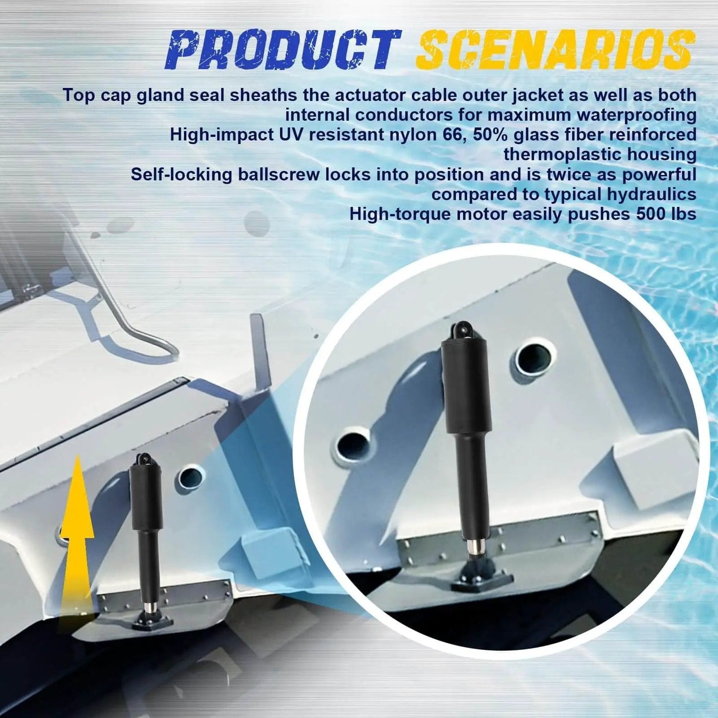 Installed Premium Heavy Duty Replacement Trim Tab Actuator For Lenco 102 Series, 12V, 4.25 Inch Stroke, boat application