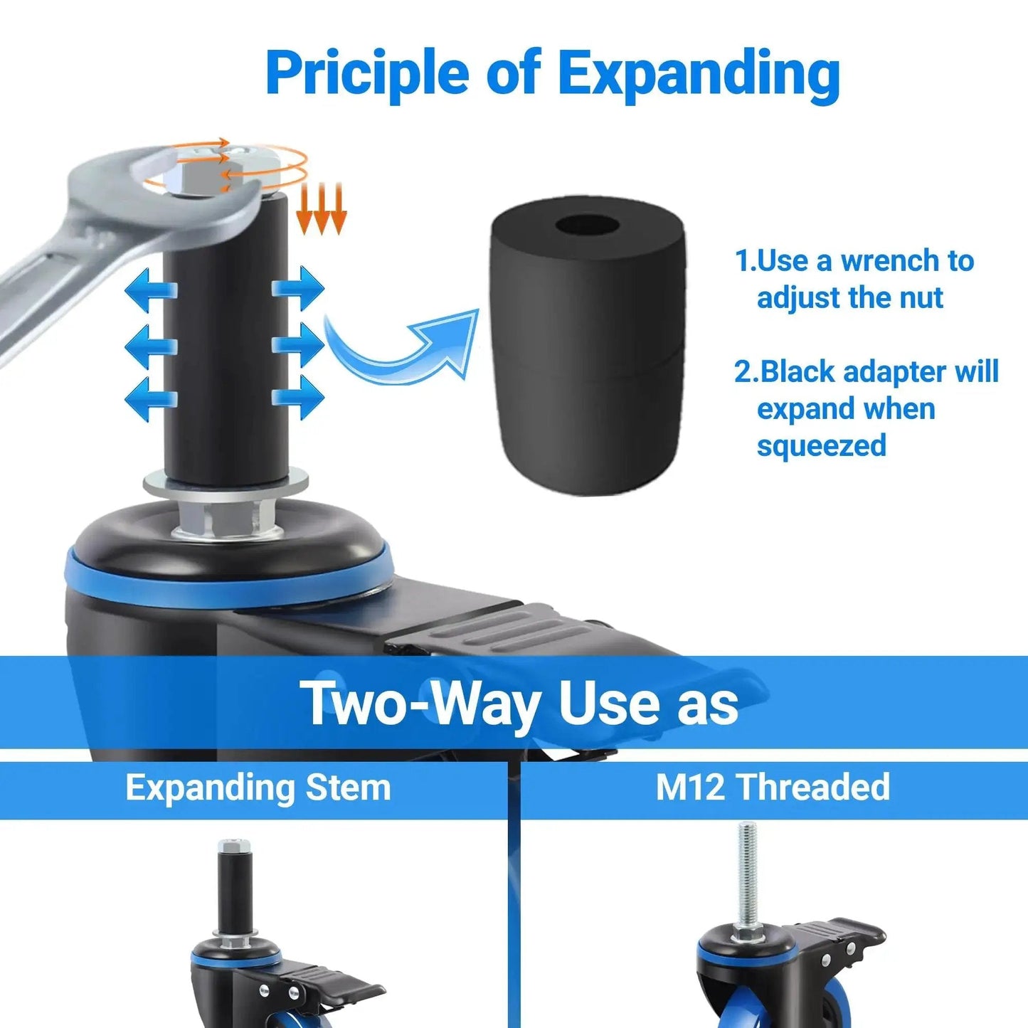4 Inch Prep Table Caster Set Of 4 With Swivel Expanding Stem And Brakes For Stainless Steel Tables And Carts, adjustment illustration