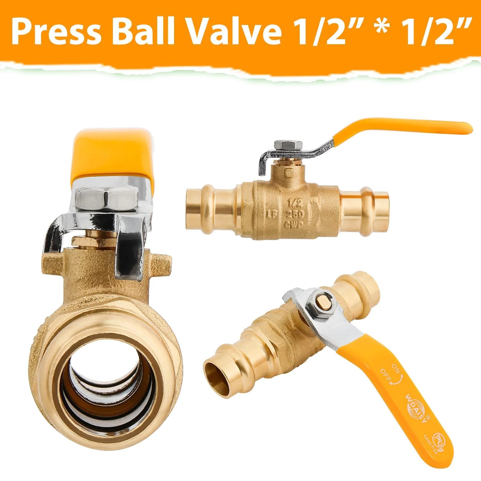 Heavy Duty Half Inch Press Ball Valve 2-Pack With Lead-Free Brass Shut-Off For Copper Tubing, Extended Stem For Deeper Insertion And Safer Sealing, Dual EPDM O-Rings, ProPress Fittings Compatible, Ultra Durable Upgrade For Serious Plumbing, close-up view of the valve with a visible handle.