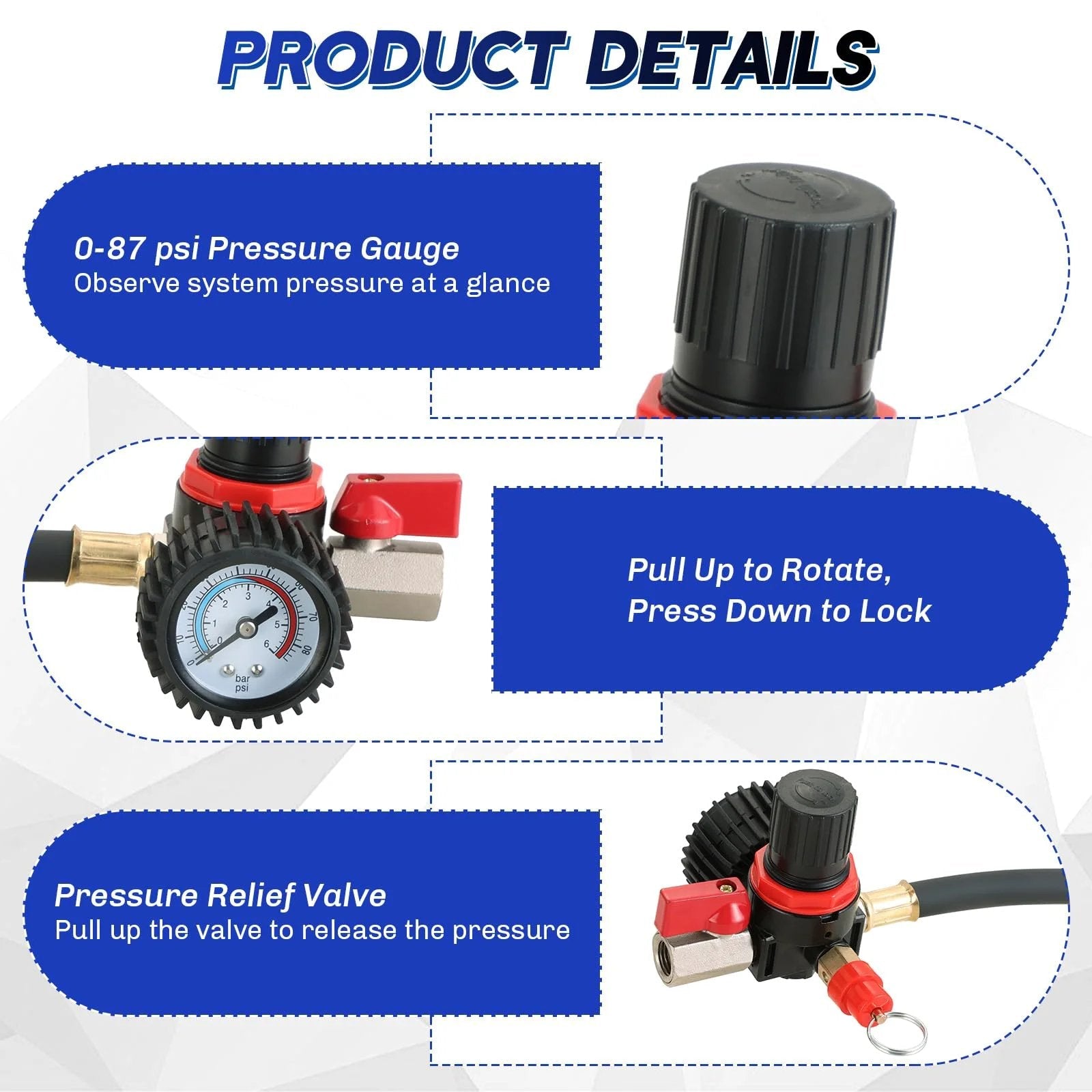 Turbo System Leakage Tester Kit With 12 Piece Set And 4 Pairs Of Stepped Adapters gauge details showing pressure settings and valve.