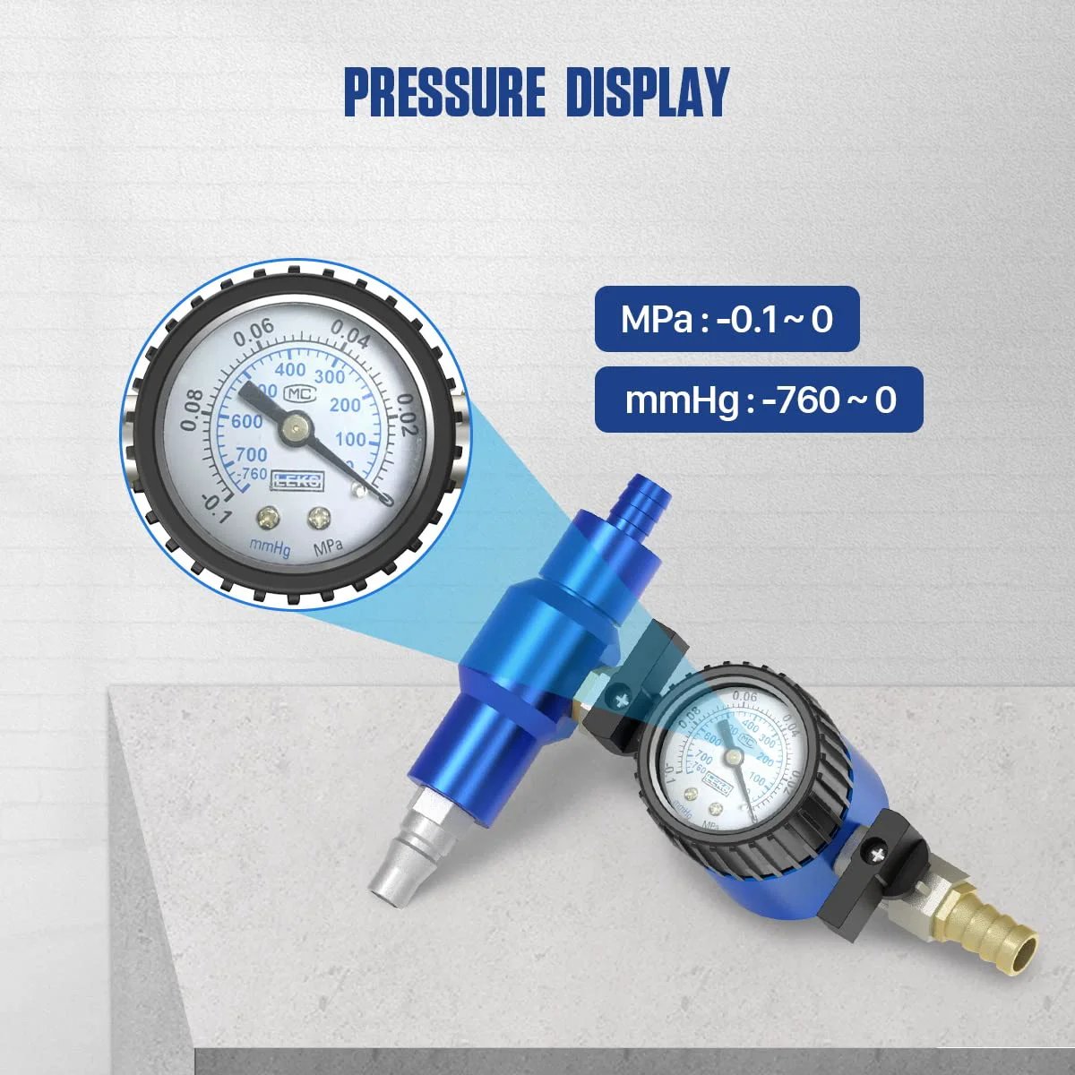 Close-up of pressure gauge displaying measurements for coolant refill kit by MR CARTOOL, highlighting MPa and mmHg scales.