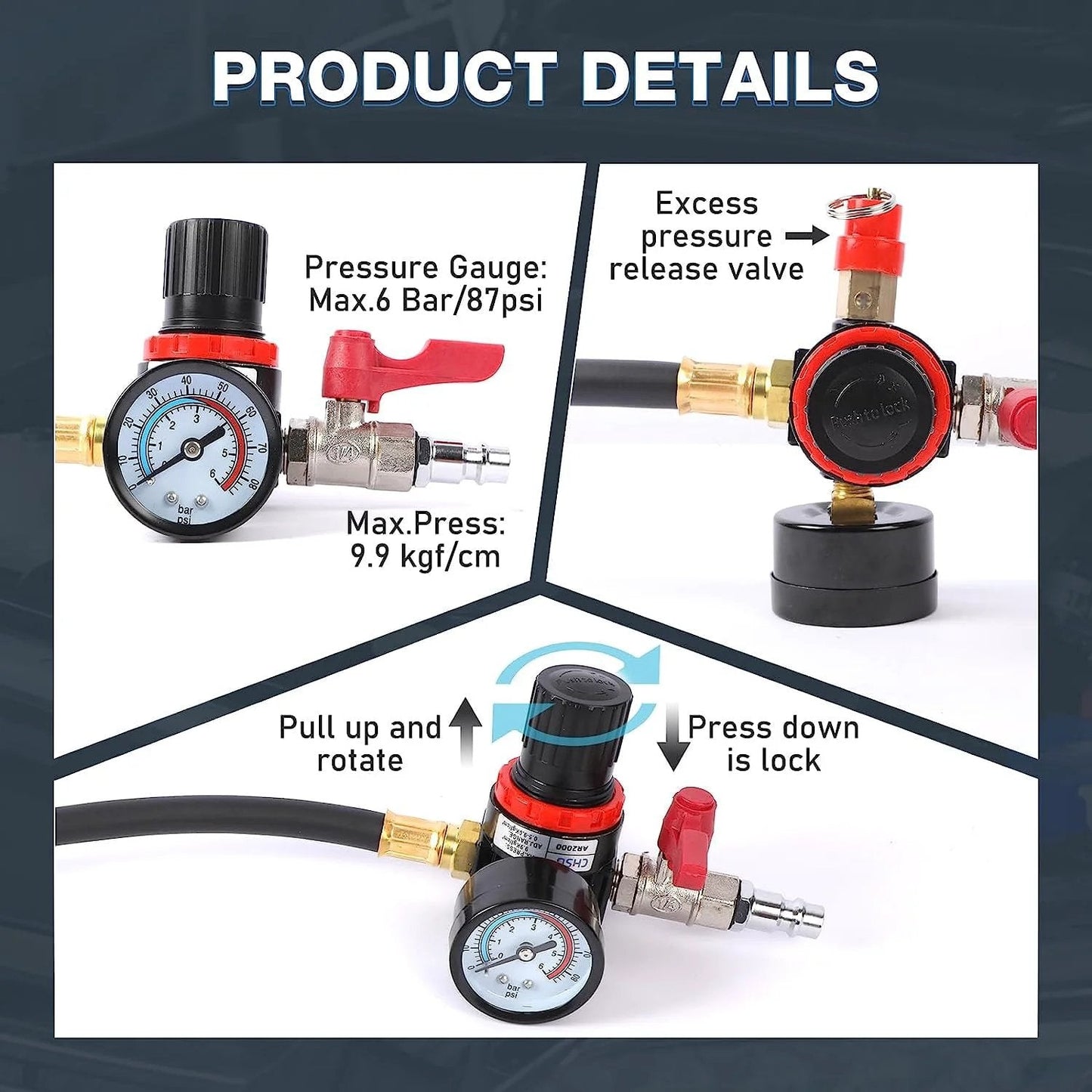 Turbo Boost Leak Tester Kit With Pressure Gauge features a clear pressure gauge and release valve shown from multiple angles.