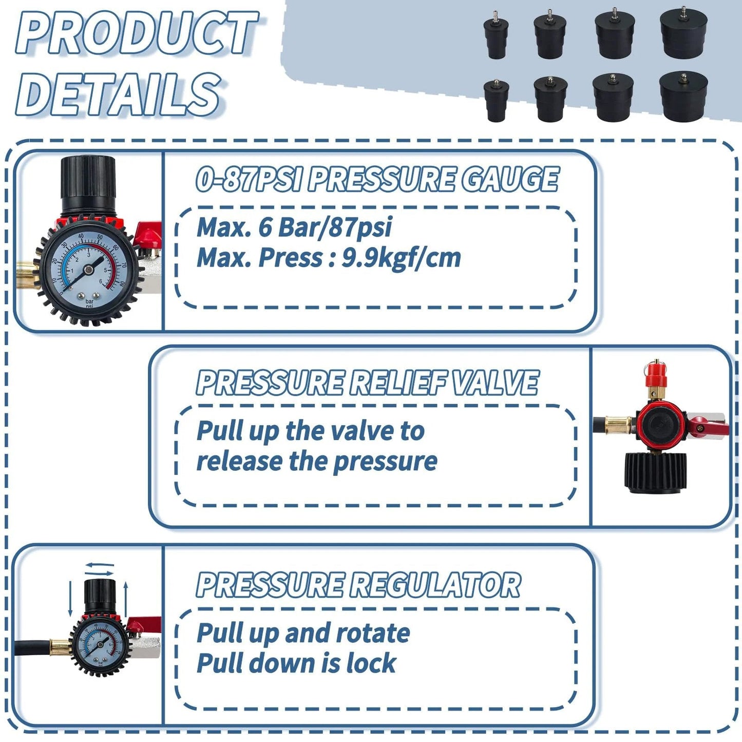 Turbo System Leakage Tester Kit for Cars and Light Trucks With 4 Pairs Of Stepped Adapters 1-3/8 To 3-1/2 Inch Leak Down Tester And Pressure Gauge product details and components.