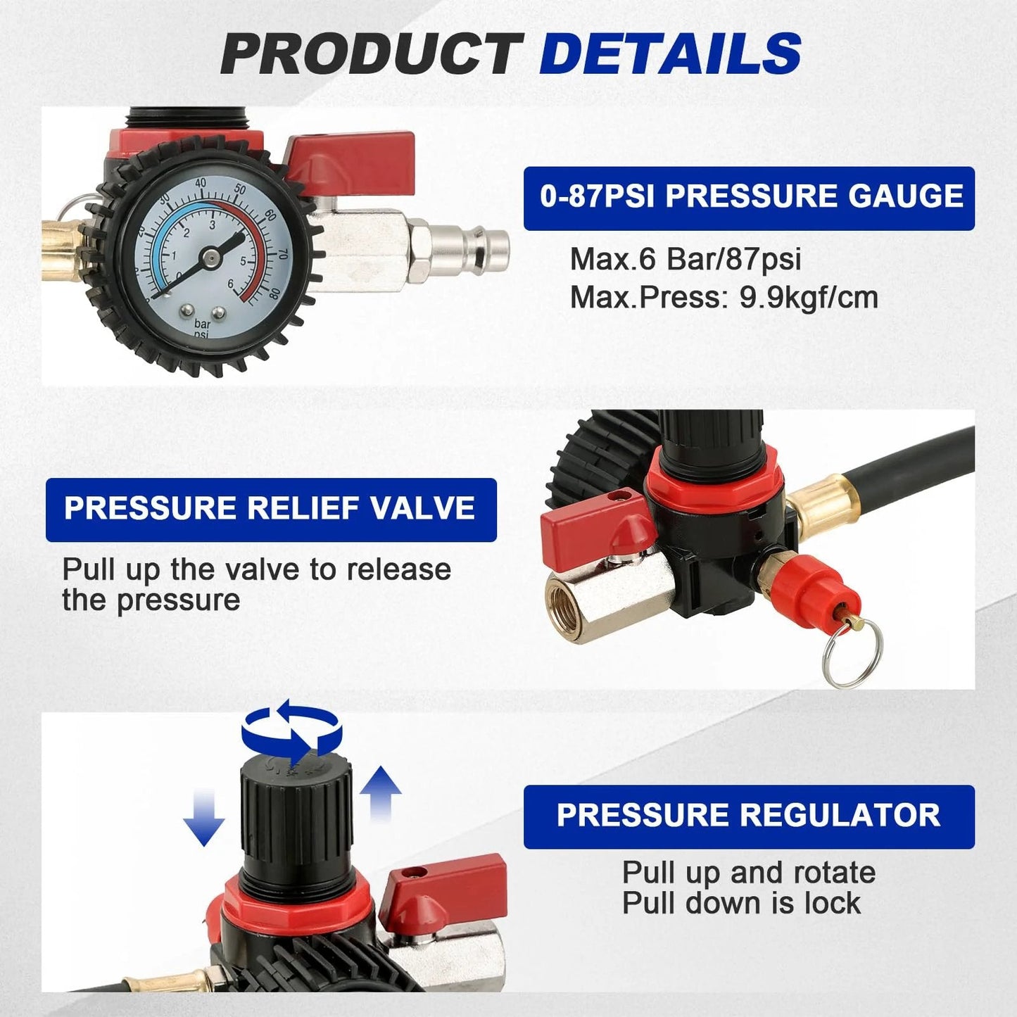 Close-up of Turbo System Leakage Tester Kit pressure gauge and regulator, showing 0-87PSI gauge and relief valve features.