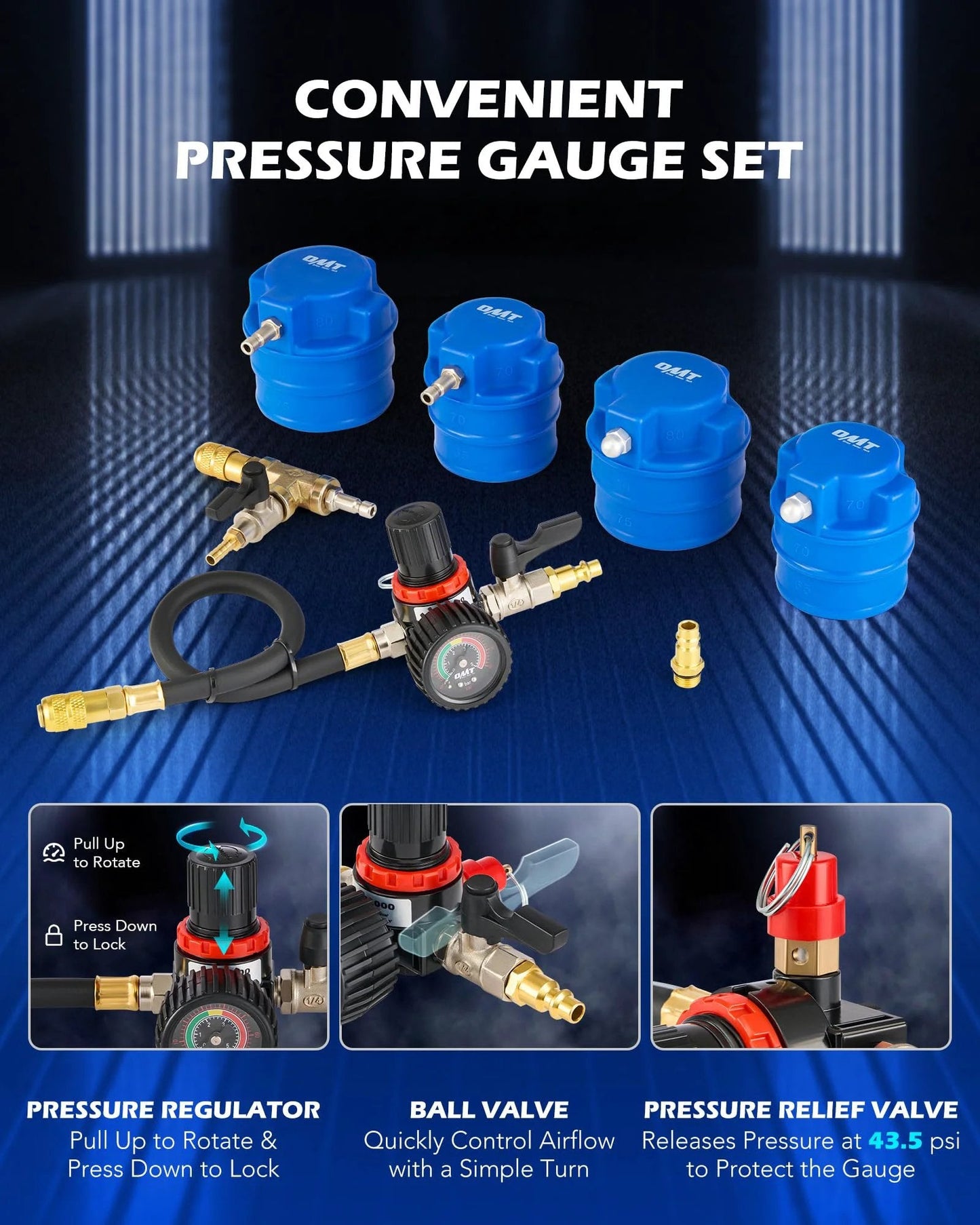 Turbo Boost Leak Tester Kit For Turbocharger Systems With Smoke Adapter And 6 Stepped Adapters From 1.2 To 3.5 Inches To Diagnose Leaks In Cooling Emission And Exhaust Lines Orion Motor Tech, showing pressure gauge set components.