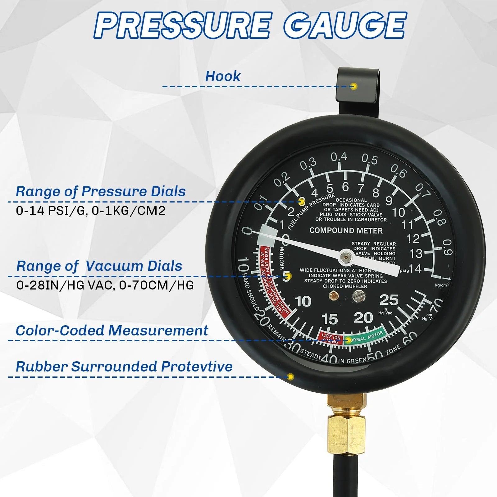 Close-up of the All In One Fuel Pump And Vacuum Tester Gauge Kit For Cars And Engines, showing pressure and vacuum dials.