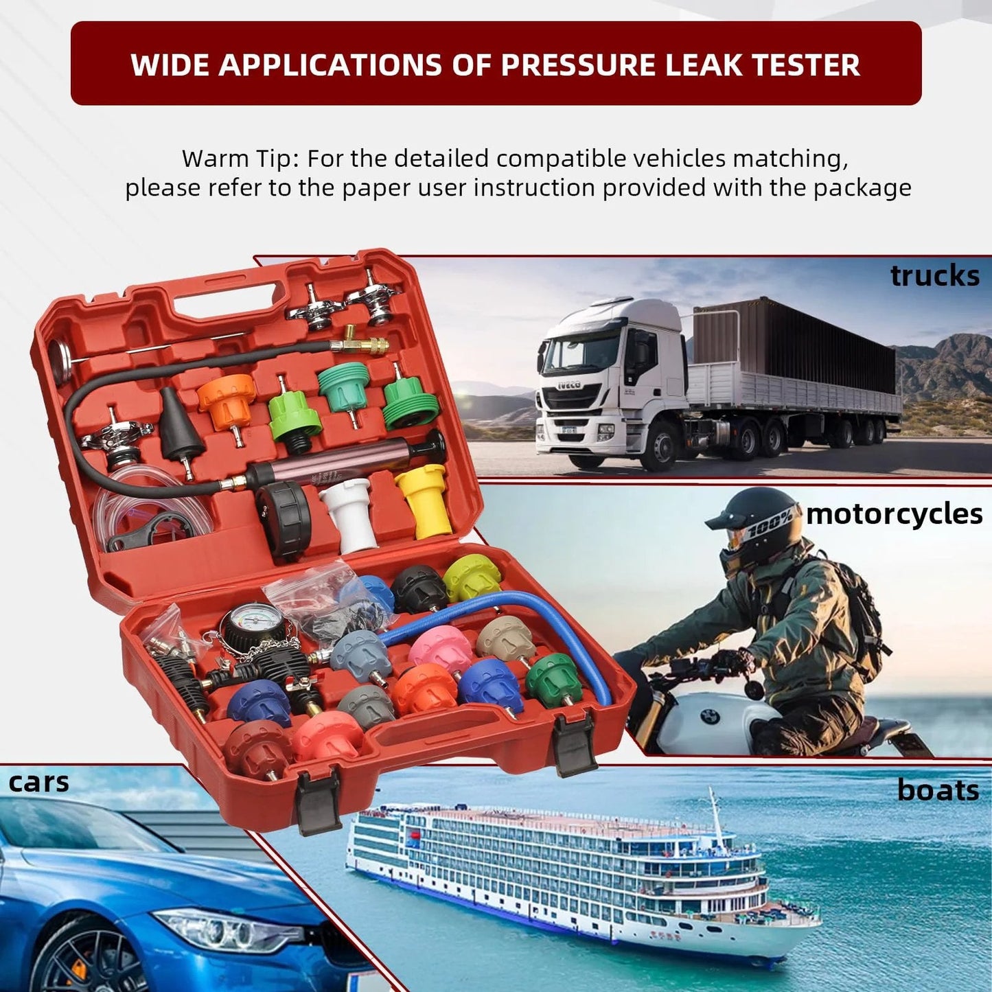 All In One Coolant Vacuum Refill Kit With 23 Radiator Adapters And Pressure Tester in red case, showing various adapters for vehicles.