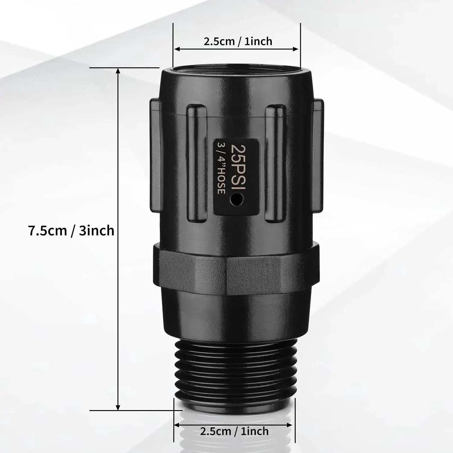 Pressure Regulator 25 PSI Three Quarter Inch FHT to Three Quarter Inch MHT Low Flow Valve for Drip Irrigation Systems, front view.