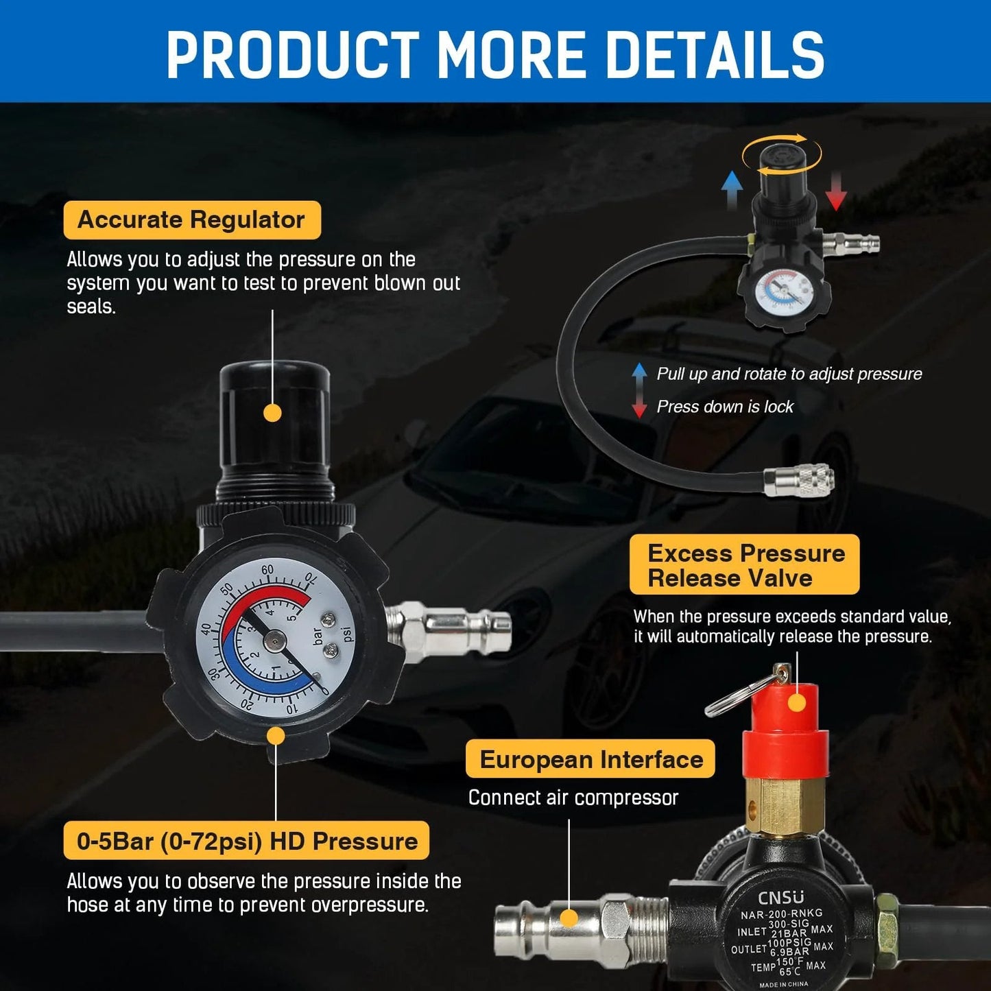 Turbo System Boost Leak Tester Kit With Eight Piece Step Adapters For Turbocharger And Intercooler Pressure Testing showing pressure regulator and valves.