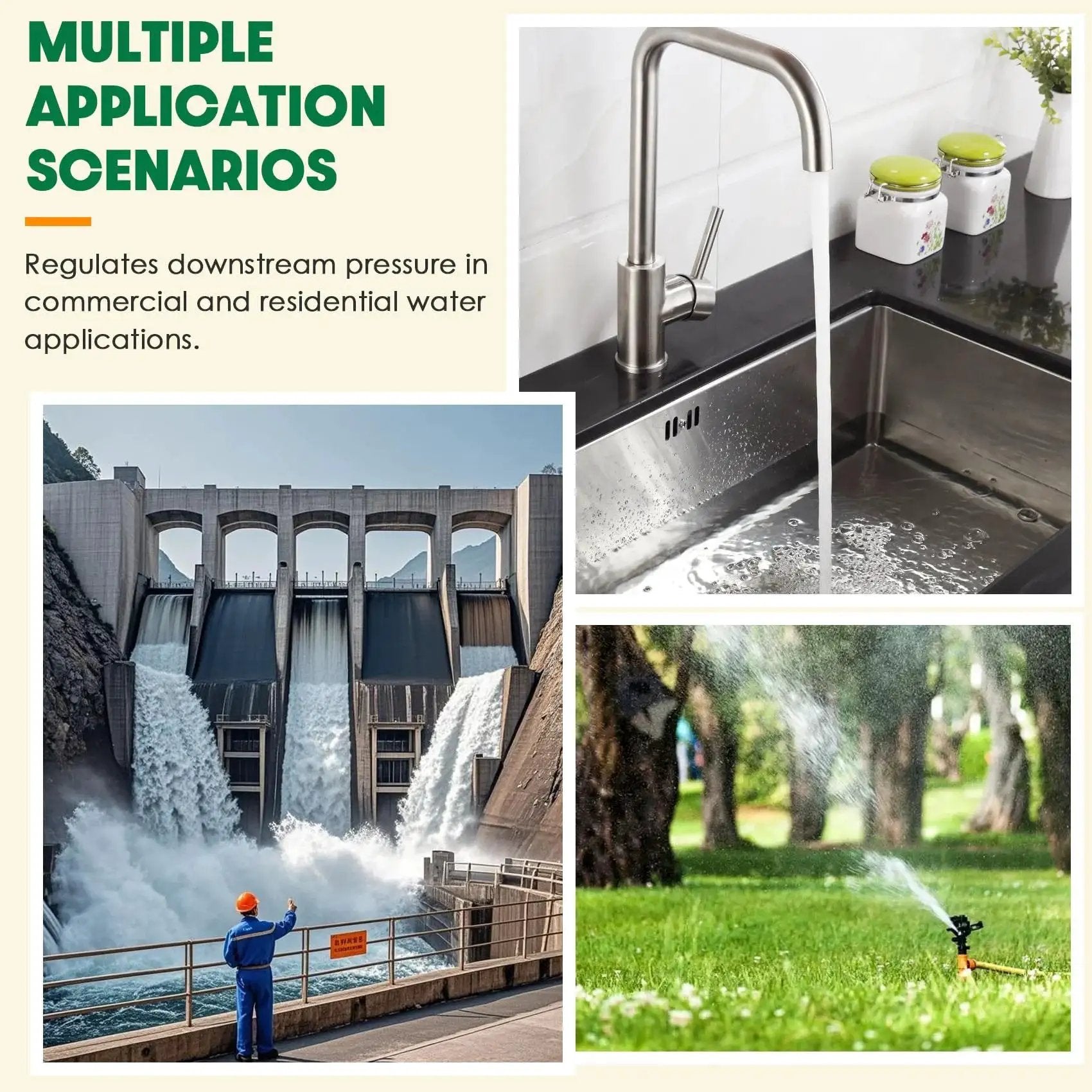 Collage showing water applications: faucet with running water, irrigation sprinkler, and dam, highlighting multiple uses.
