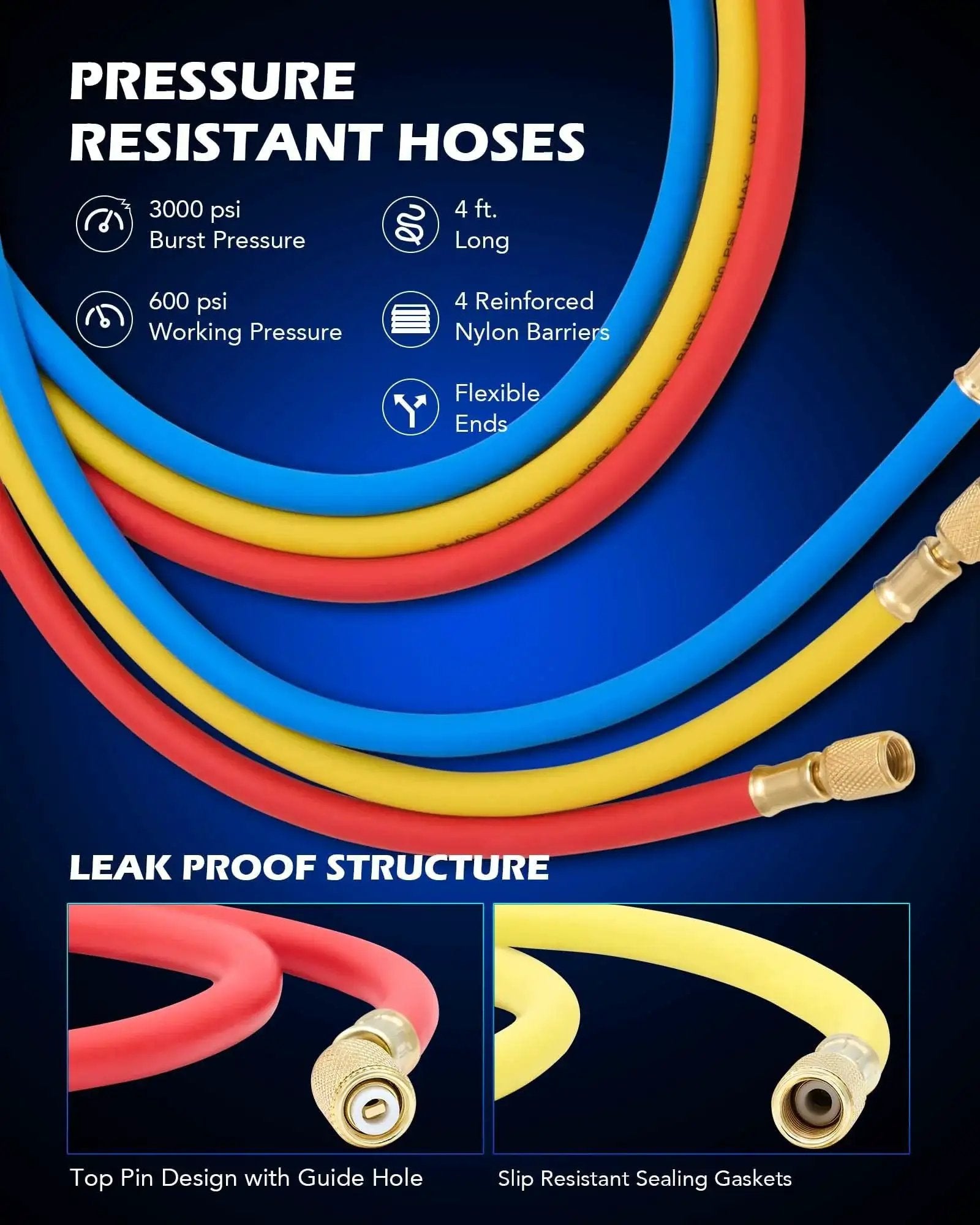 Professional Auto AC Vacuum Pump And Gauge Kit hoses with pressure ratings and nylon barriers