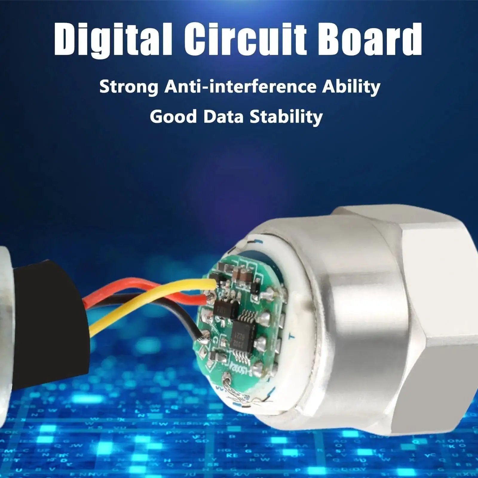 Ultra Accurate 1000 PSI Pressure Transducer Sensor With Connector Harness for Oil Water Fuel Air, digital circuit board exposed.