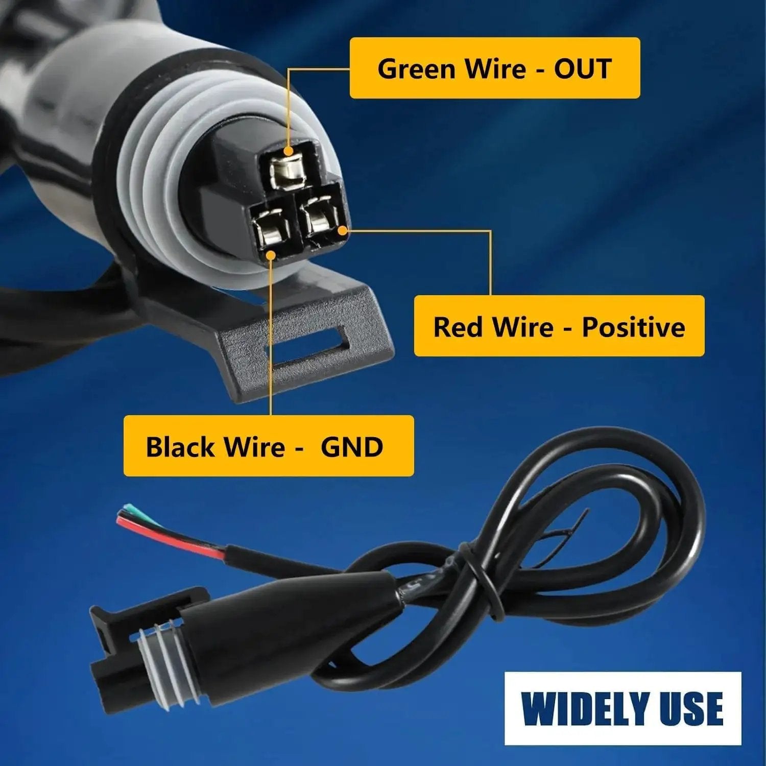 Connector harness of Ultra Accurate 1000 PSI Pressure Transducer Sensor with labeled green, red, black wires for oil, water, fuel, air.
