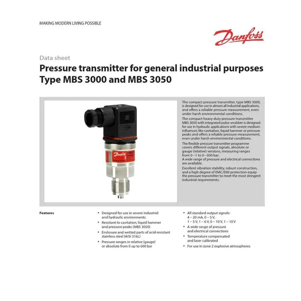 Heavy Duty Pressure Transmitter For Industrial Hydraulic And HVAC Applications With 0 To 150 PSI Range G Quarter Thread And 4 To 20 Milliamp Output Model MBS 3000 Pack Of 1 Delivers Accurate Readings And Beefy Reliability In Harsh Environments pictured on a datasheet with specifications.