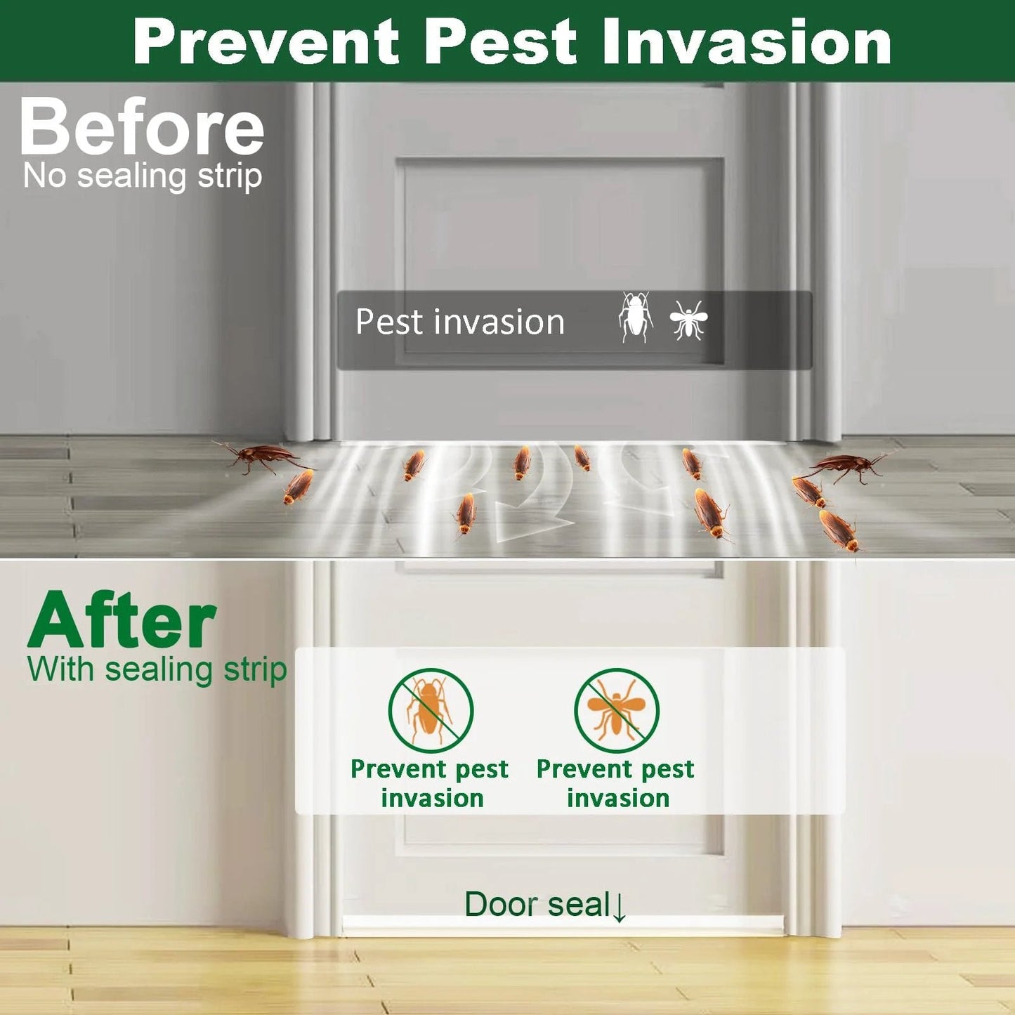 Image comparing pest invasion before and after installing Clear Silicone Door Weather Stripping Seal Tape Set.