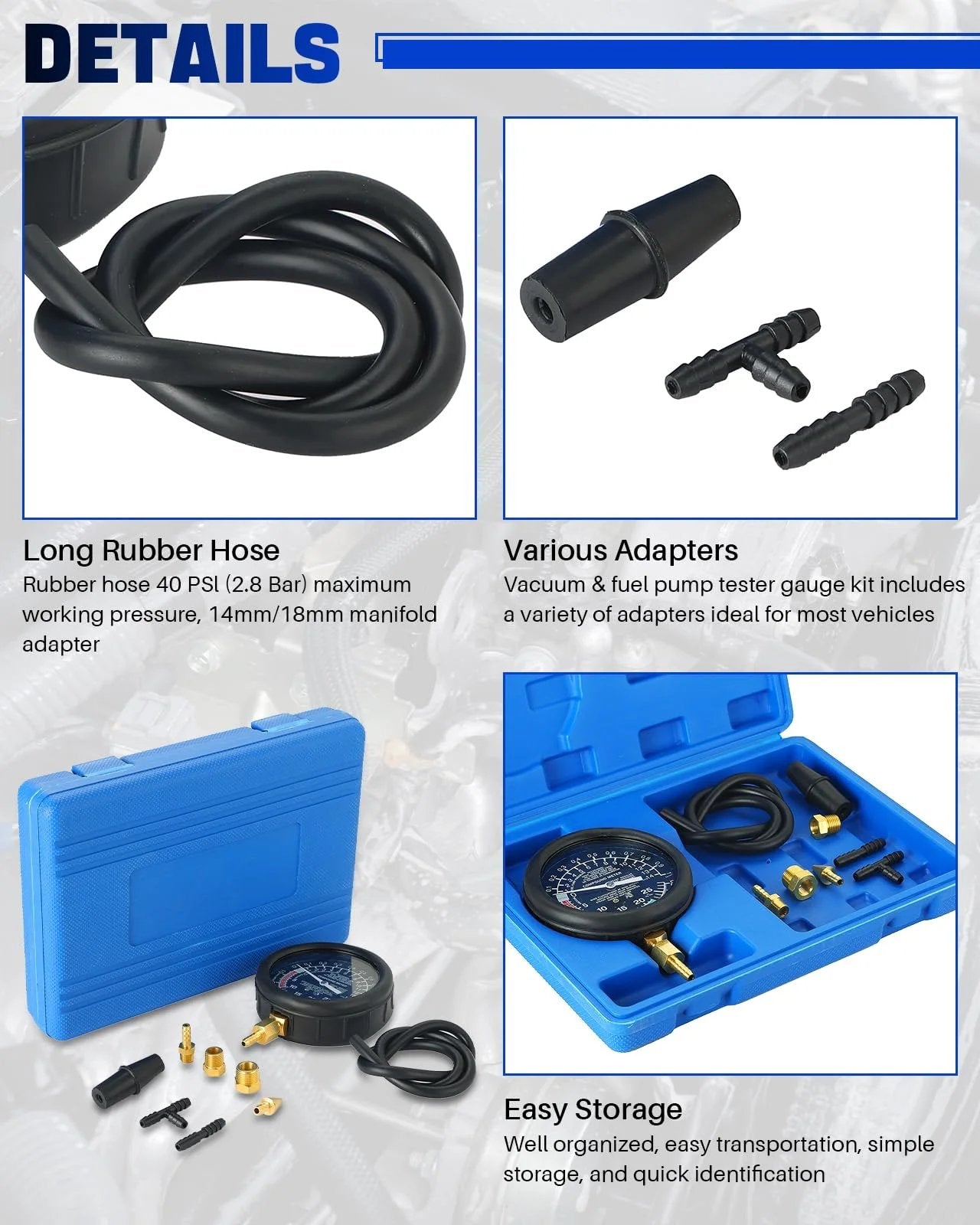 Car Vacuum And Fuel Pump Tester Gauge Kit For Fuel Pressure And Vacuum Diagnostics And Leak Detection For Carburetors And Fuel Systems Pro Grade Gauge Kit By DASBET showing a gauge, hose, and various adapters in a blue case.