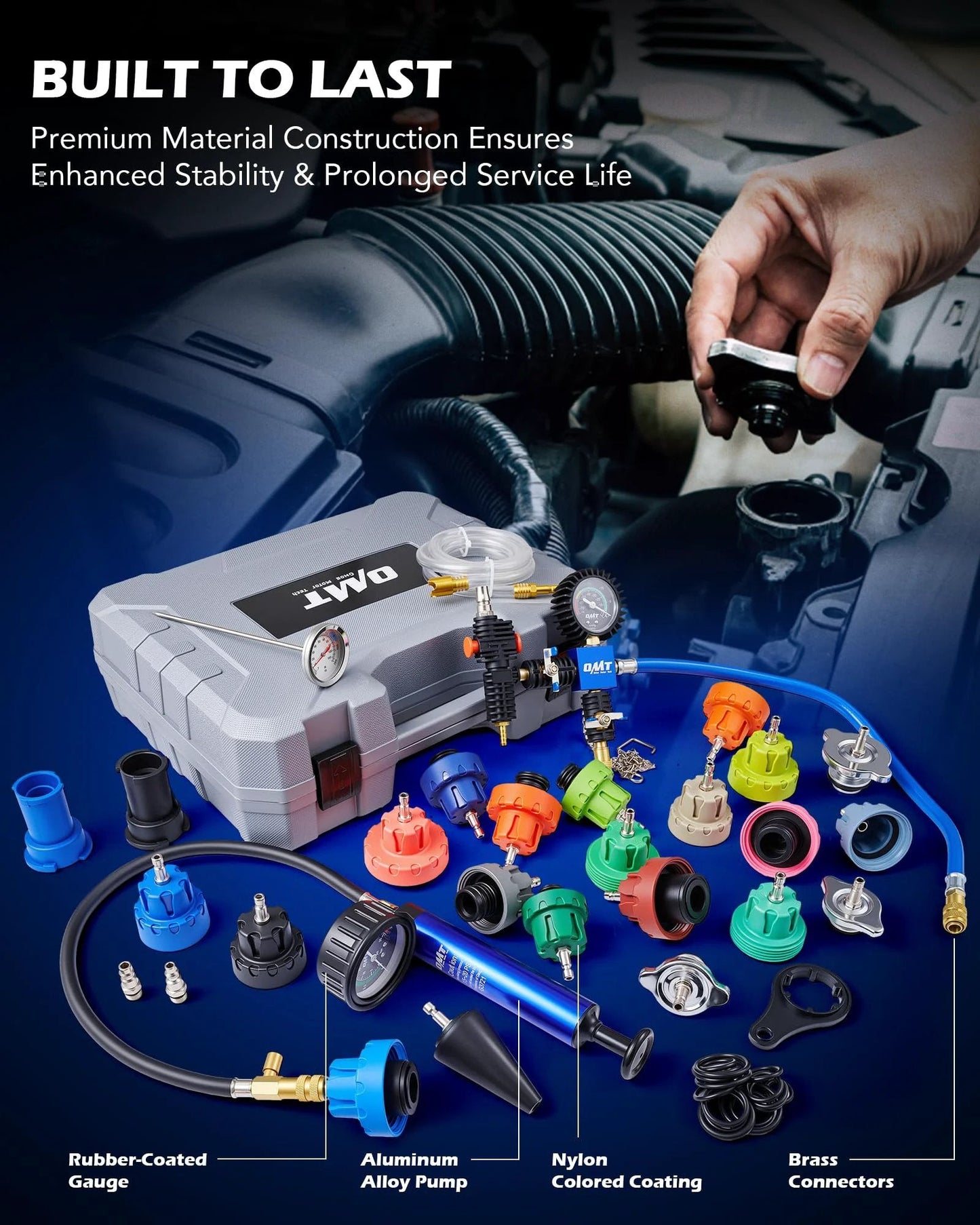 Pro Grade Coolant Pressure Tester Kit With Vacuum Pump And 23 Radiator Adapters displayed with various adapters and tools for radiator testing.