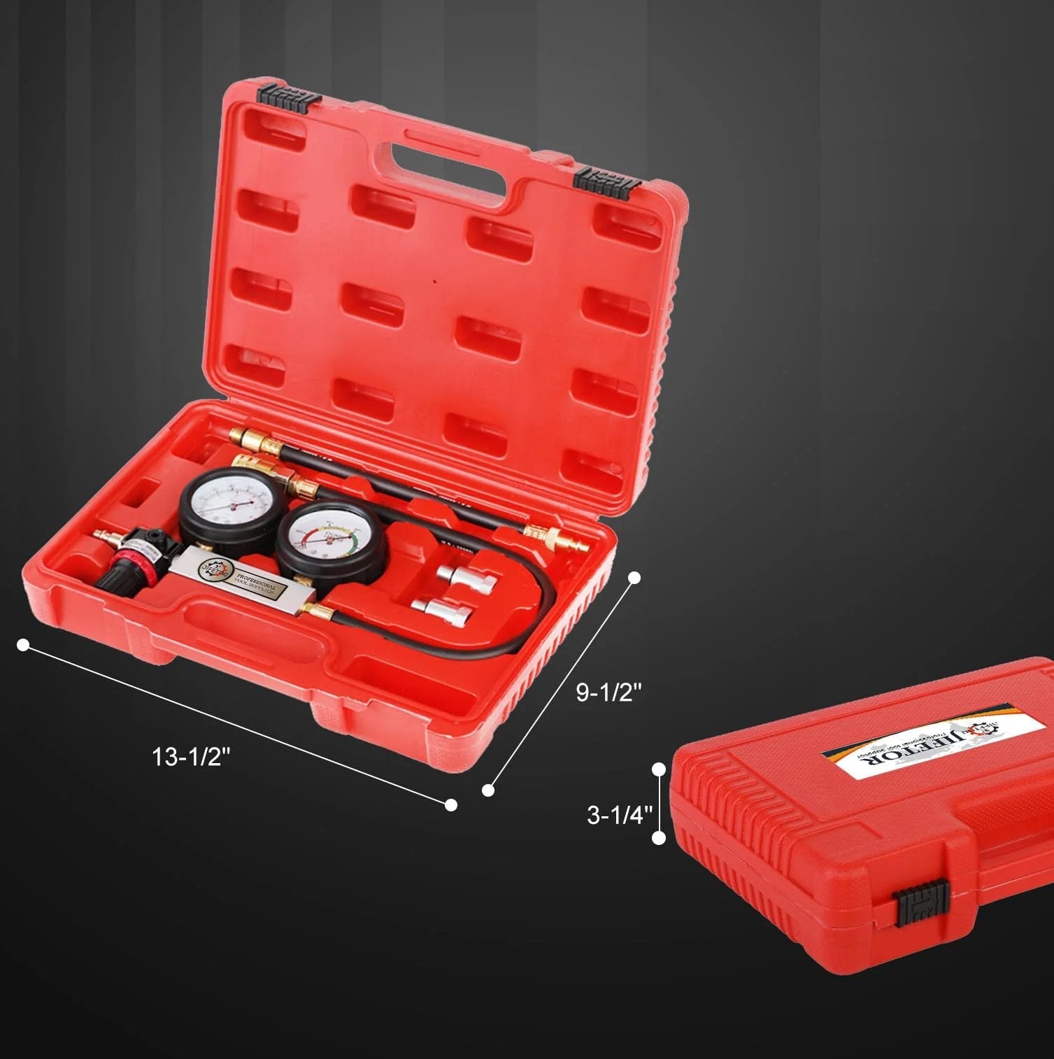 Pro Grade Cylinder Leak Down Tester Kit With Dual Pressure Gauges For Gasoline Engines in red case open with gauges and adapters visible.