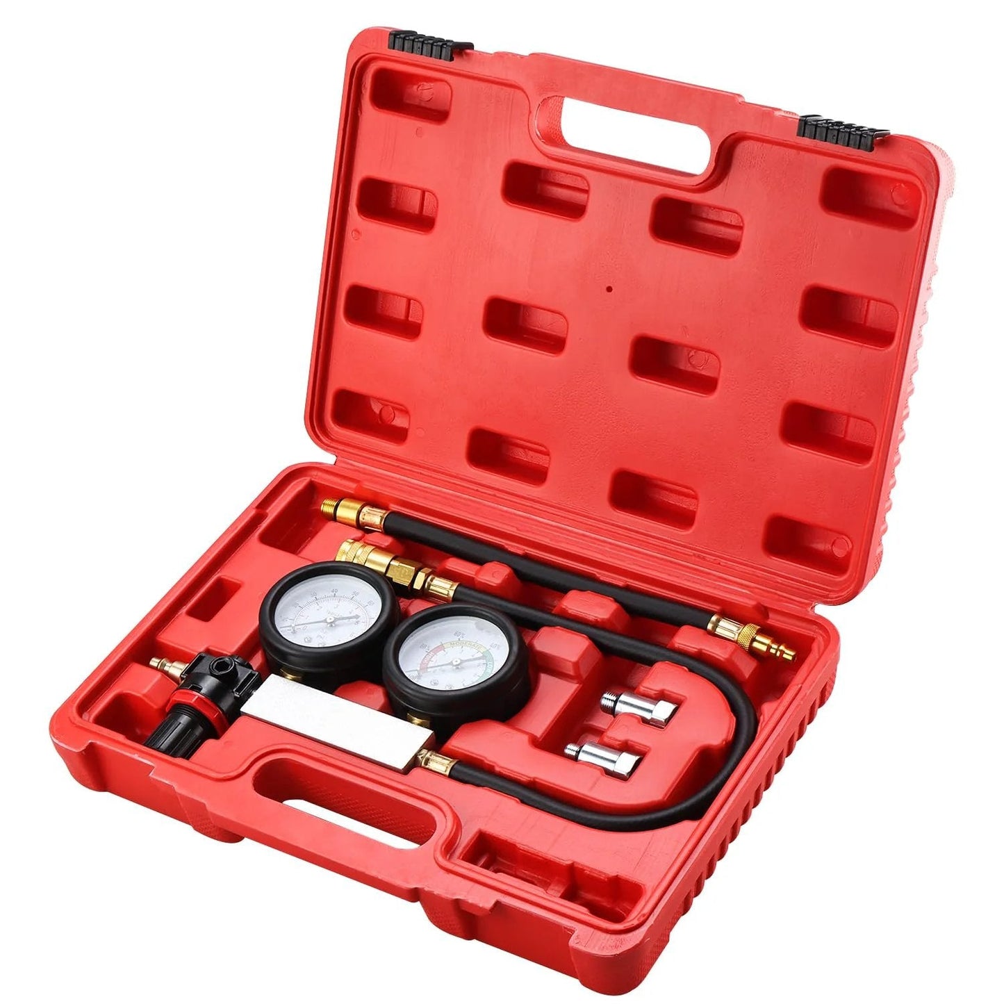 Pro Grade Cylinder Leak Down Tester Tool Kit For Gasoline Engines With Dual Pressure Gauges set inside red carry case.