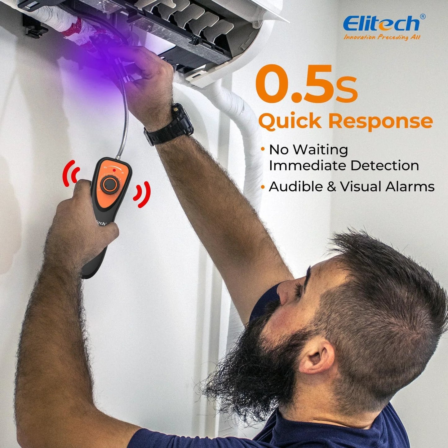 Pro Grade Freon Leak Detector For Car And HVAC Systems With Six Second Preheat And Fast Response Detects R11 R22 R134A R404A R410A And All Halogen Refrigerants CFC HCFC HFC Elitech CLD 100 being used to check air conditioning unit.